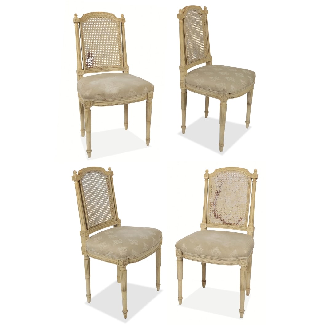 Set of Louis XVI Painted & Caned Side Chairs, 4: Set of four Louis XVI cream painted and caned side chairs, probably first half of the 20th century, with upholstered seats. [37" H x 20" W x 18" D, 19" H to seat]. Overall condition is fair, two chair