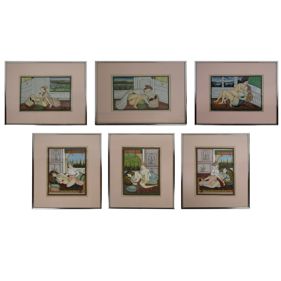 Framed Indian Prints Inspired by Kama Sutra, 6: Set of six framed traditional Indian miniature prints inspired by the Kama Sutra, within pale pink mattes. [Sight: 7.5" H x 5.5" W; Frame: 11.5" H x 9.5" W]. Overall condition is good, one with slight