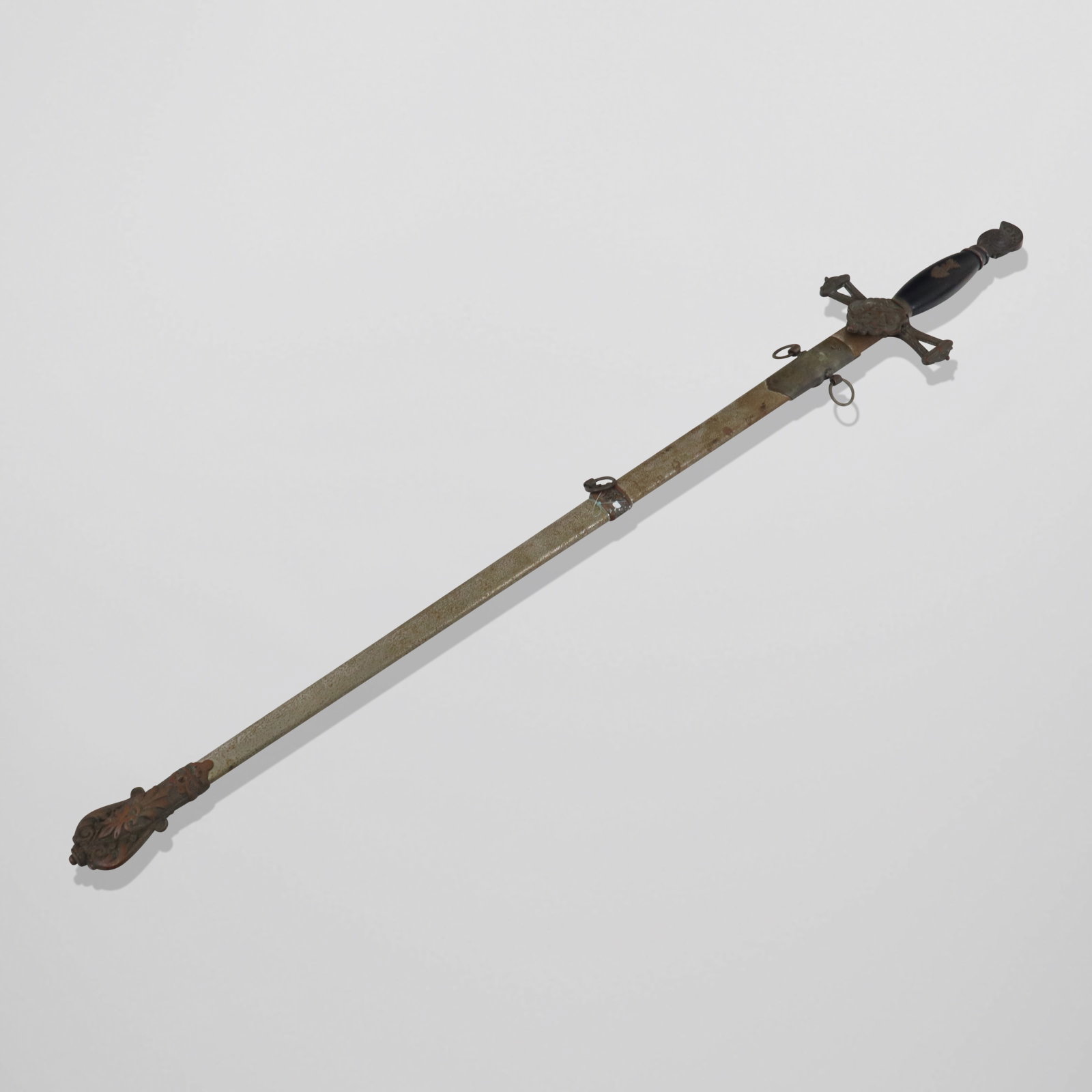 Knights of the Sherwood Forest Sword in Sheath: Knights of the Sherwood Forest Presentation Sword in sheath, American late 19th century, black wood handle with Knight helmet tip and KSF logo, Cross handle, KSF mount on sheath, blade is engraved