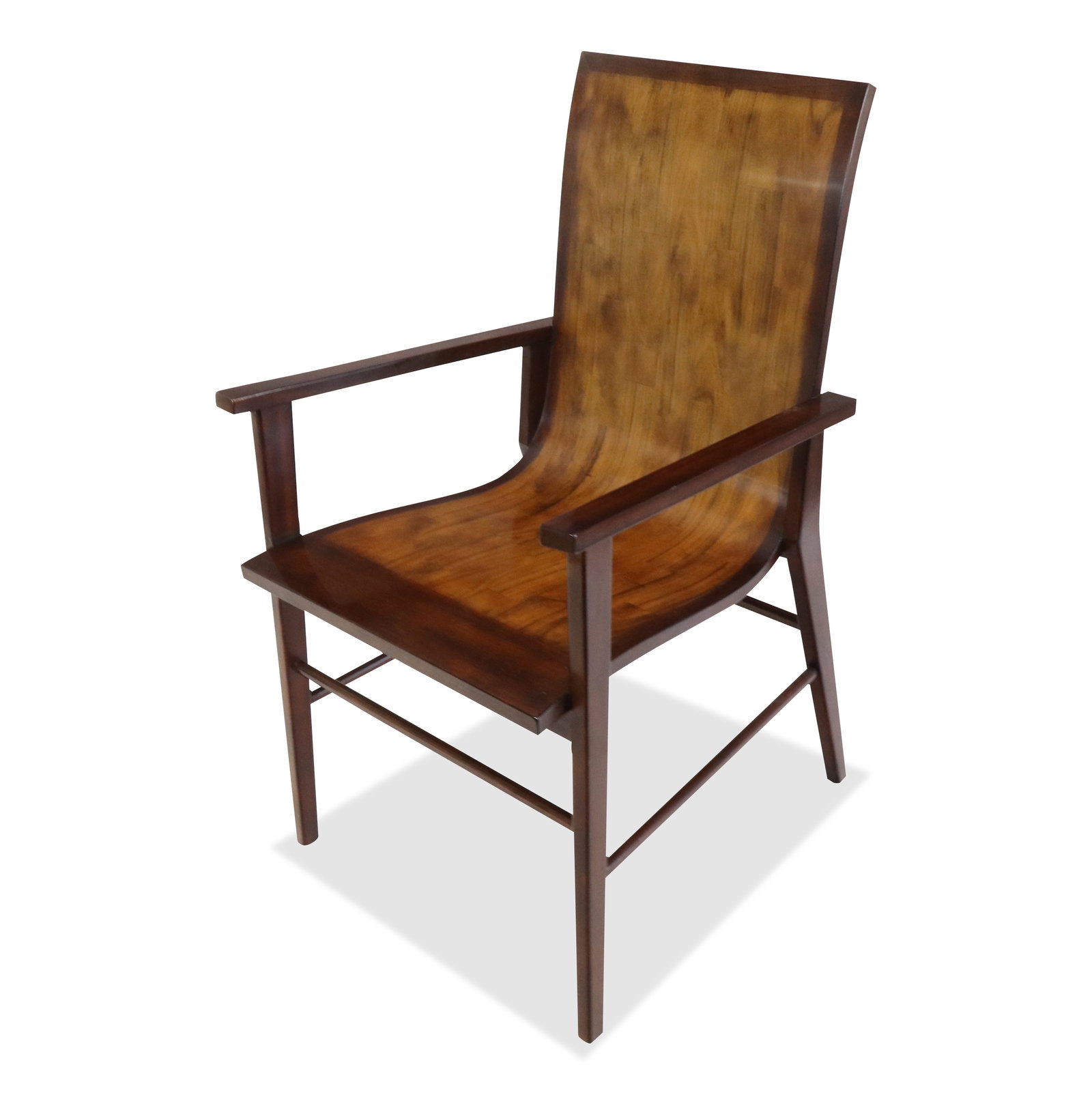 Keno Bros for Theodore Alexander Chair: Keno Brothers Collection for Theodore Alexander open armchair, parquetry inlaid back sloping to the seat, mahogany arms and frame. [38" H x 24" W x 27" D]. Back spindle repaired.