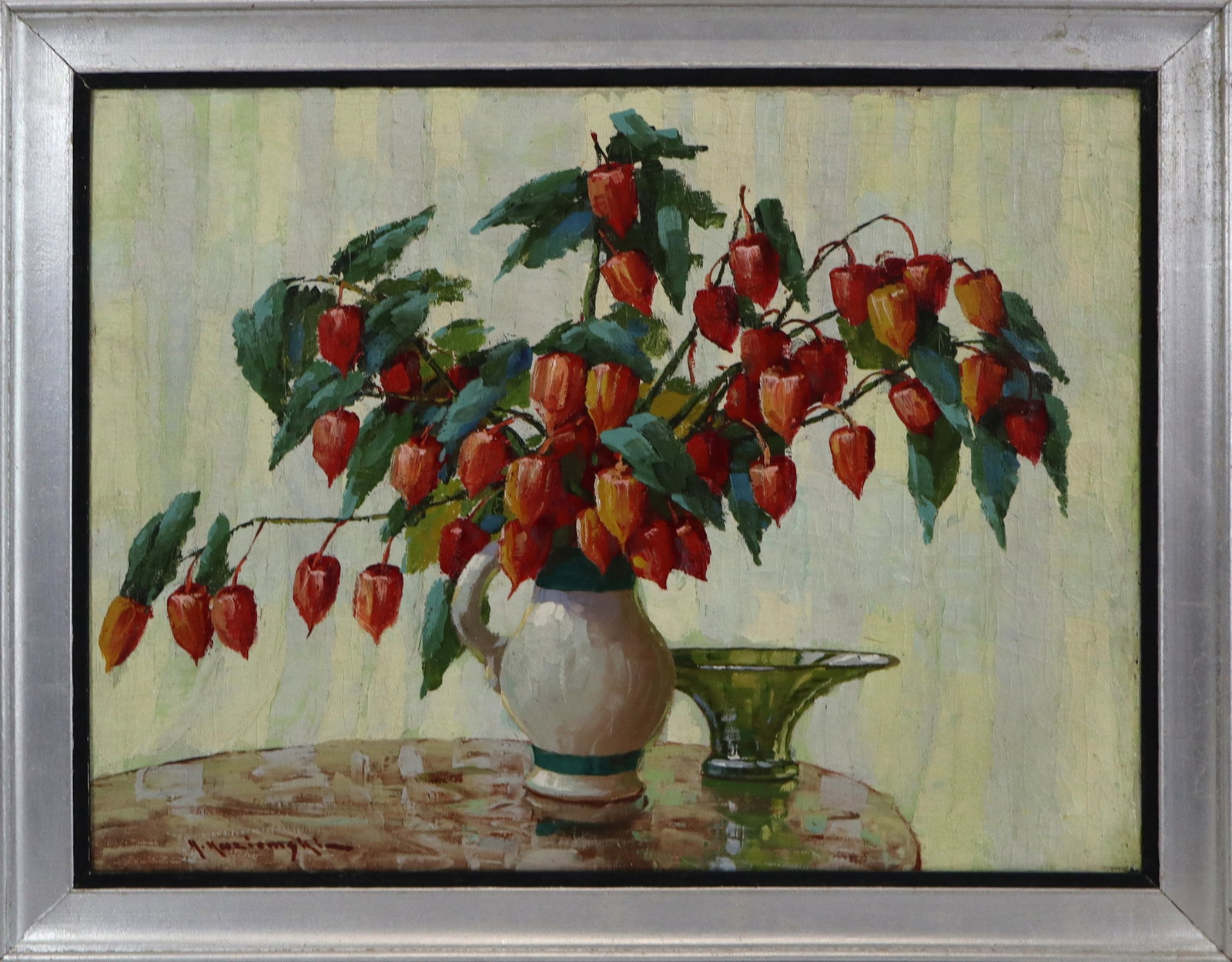 Y. KUZIEMGHY (?) Oil on Canvas: Y. Kuziemghy (Kaziemghy) Unknown, Oil on canvas of a table floral still life with compote, signed lower left. [Canvas: 23" x 31" ; Frame: 29" x 37"]. Good condition, some craquelure.