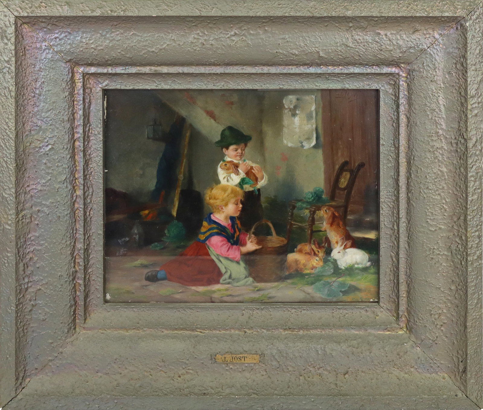 Joseph JOST Oil on Panel: Joseph Jost (Austrian 1888-1969) Oil on panel, children feeding rabbits. Signed lower right. [Sight: 10" H x 12" W; Frame: 19" H x 20" W]. Good condition, not removed from frame.