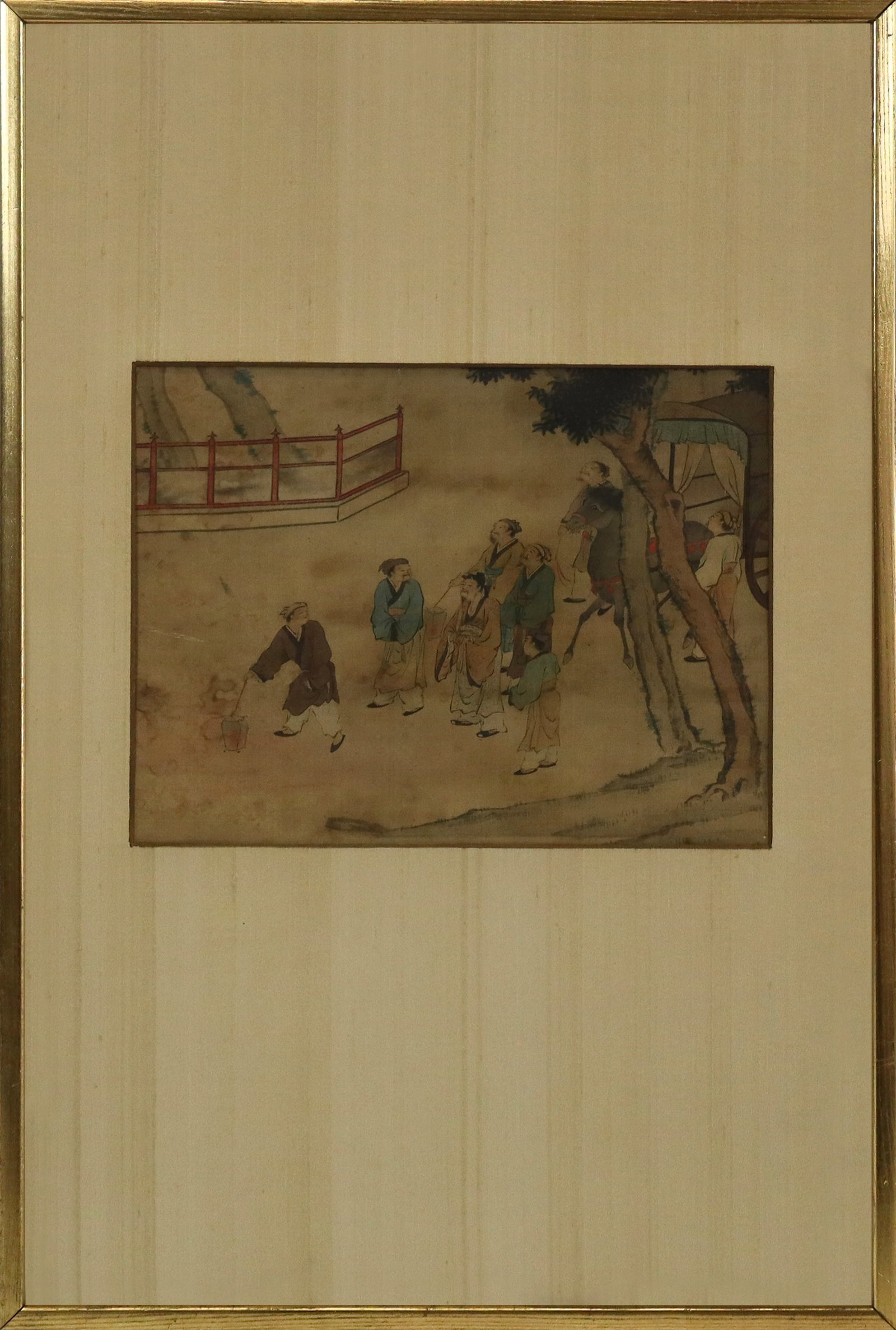 Chinese Color Print: Chinese color print; men walking in front of a horse drawn carriage, late 19th century. Unsigned. [Image 9" x 12"; framed 27" x 18"]. Faded and foxing.