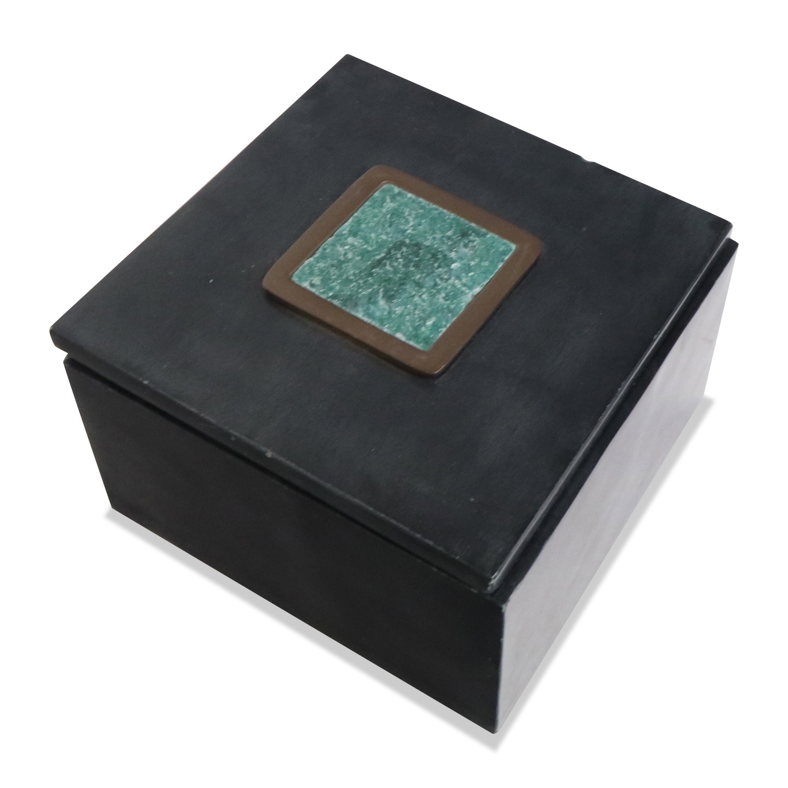 Dyed Black Stone Trinket Box: Dyed black stone square trinket box, possibly jade, with inset stone top, label removed from base. [3.5" H x 5" Square]. Overall condition is good, with some chips along edges, and minor scratches.