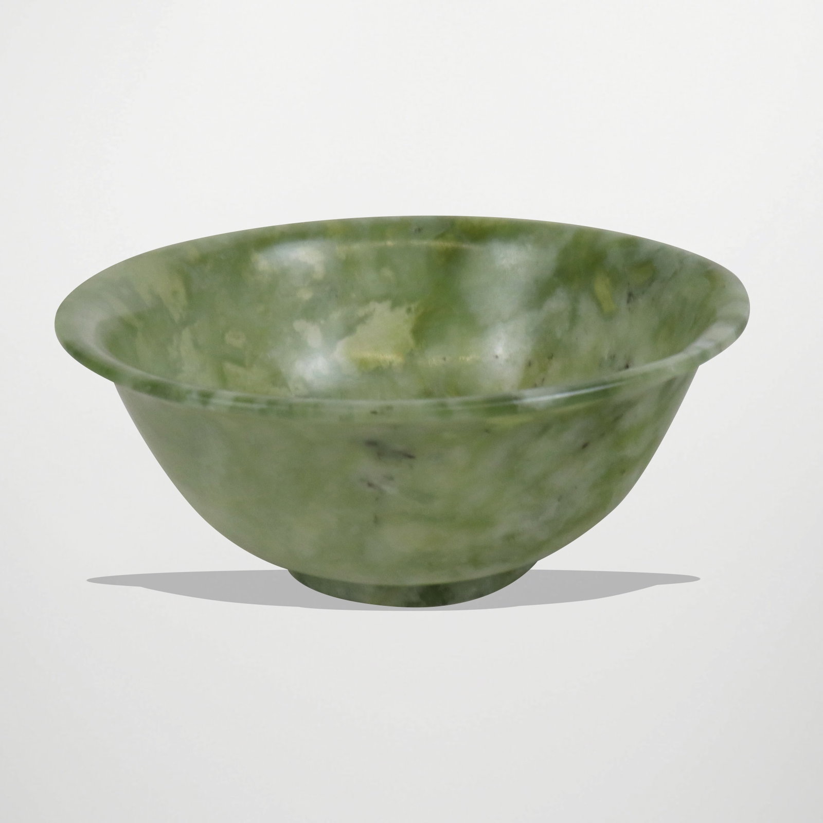 Chinese Jade Small Cup: Chinese jade small cup, wide mouth cup/bowl, mid to late 20th century. [2" H x 5" diameter]. Good condition, imperfection in center inside of bowl.