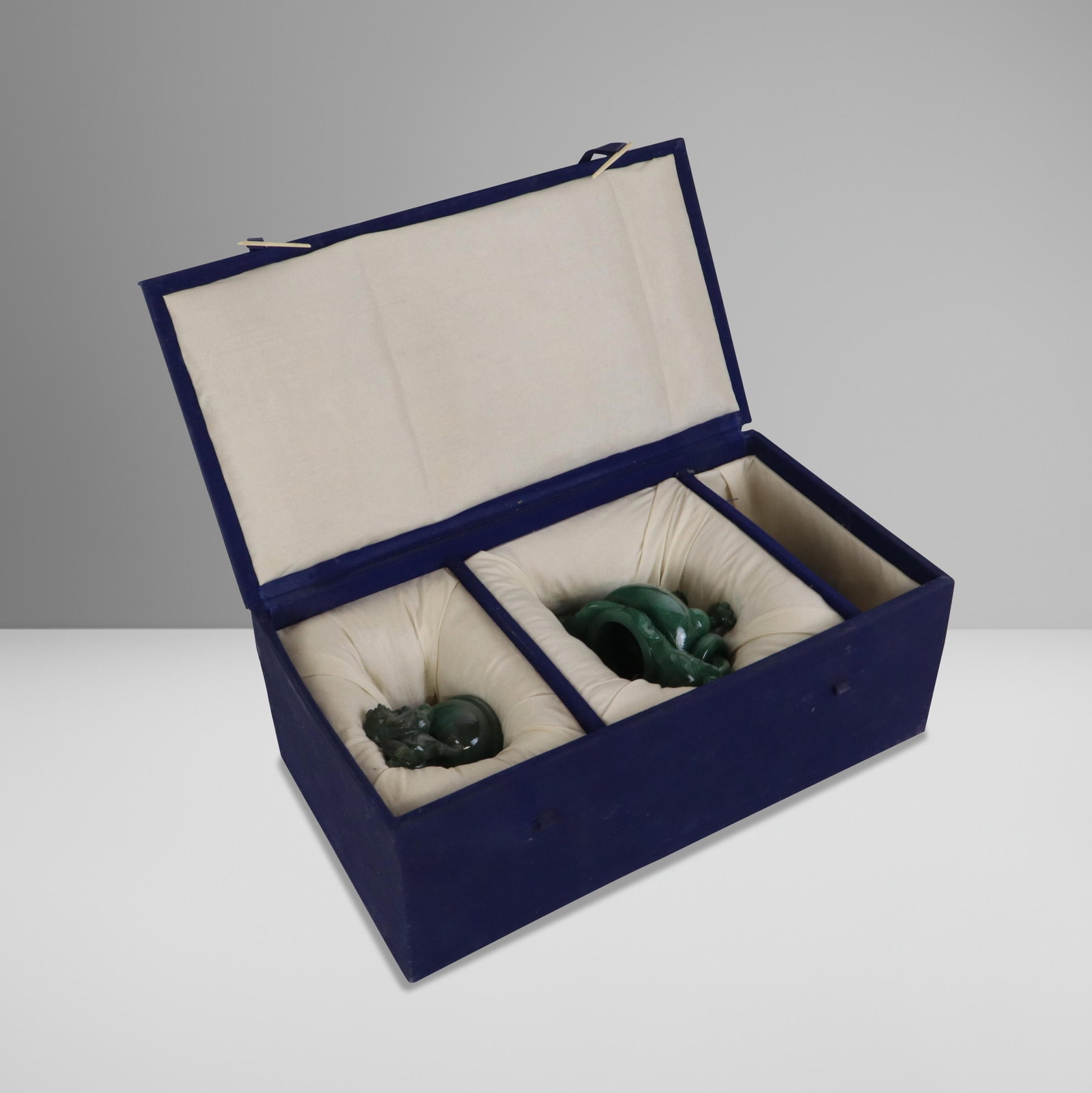 Chinese Jade Covered Censer in Case: Chinese jade covered censor, in fitted blue case; foo lion finial cover, censor with 2 ring handles and splayed legs, with wood stand. In fitted blue case. 20th century. [7" H x 6" W x 3.5" D, Case 5"