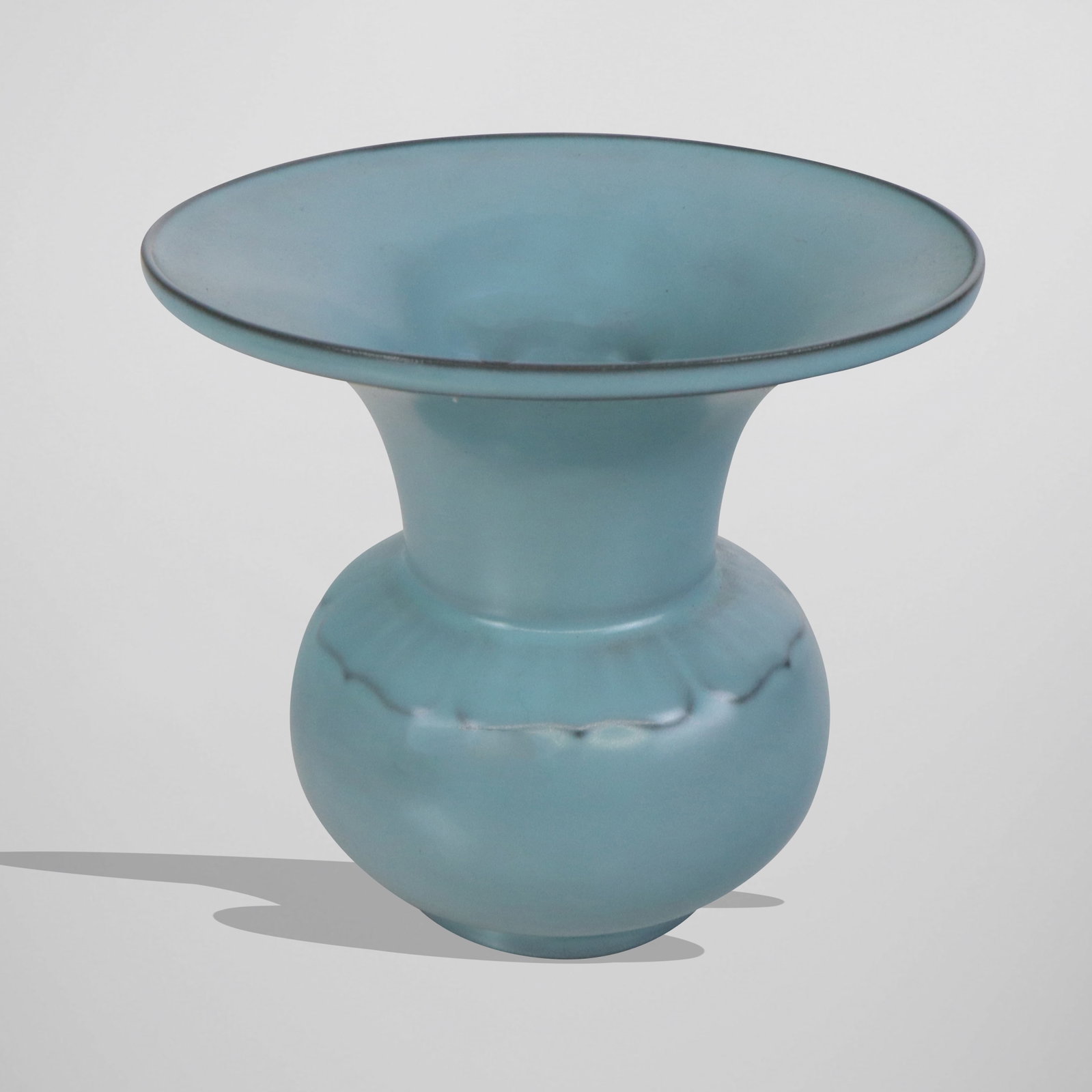 Chinese Ru Ware Vase: Chinese Ru Ware vase, very wide top and leaf underglaze lower rim on round body, signed with chop mark on bottom over glaze. 20th century. [4.5" H x 5" diameter]. Fine condition.