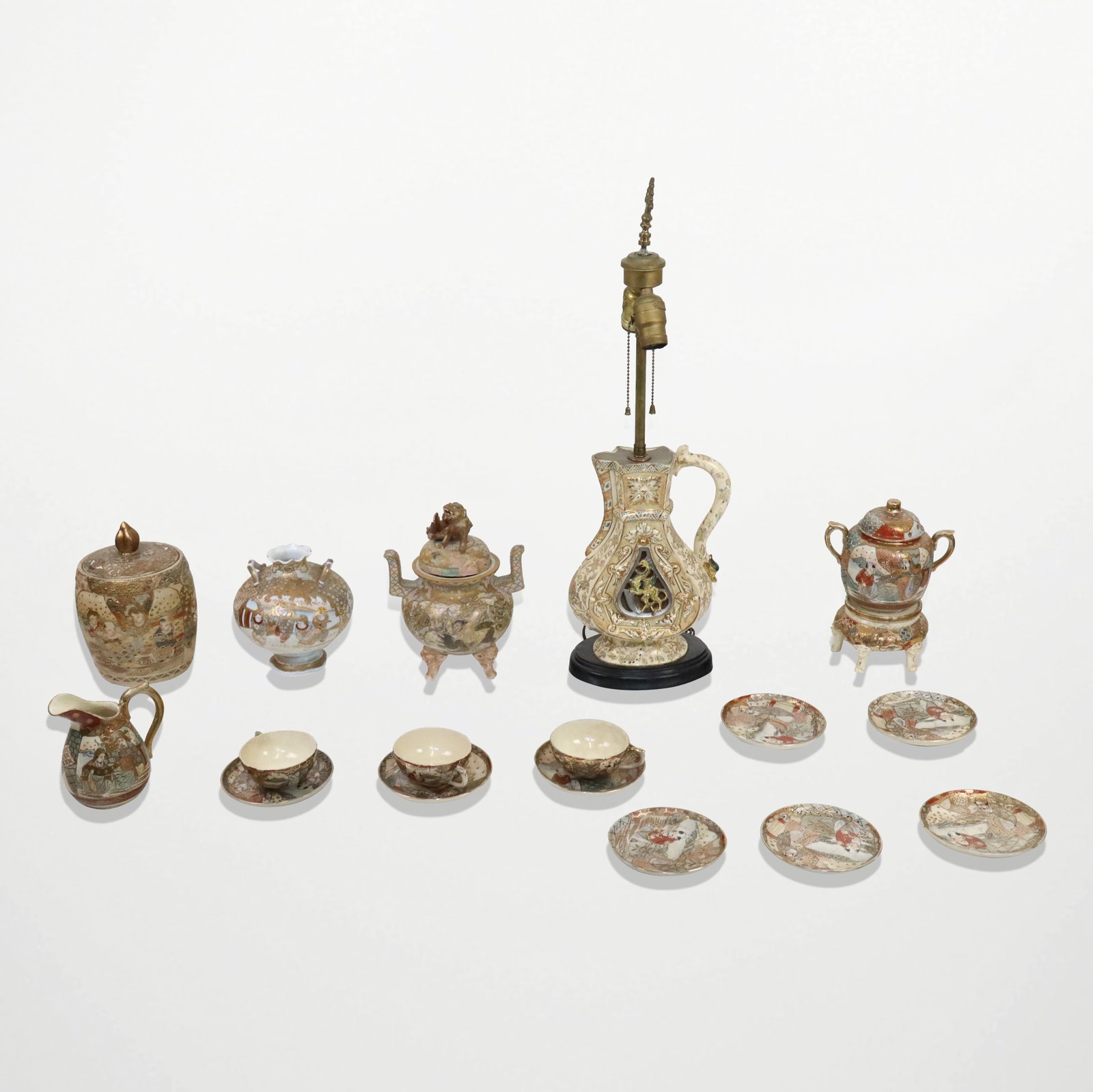 Assorted Japanese Satsuma Articles: Assorted Japanese Satsuma articles, pitcher lamp, koro, tea caddy, 3 cups and 8 saucers (not matching), etc. [Pitcher 11" H; lamp inclusive 26" H]. Some chips, koro cover broken.