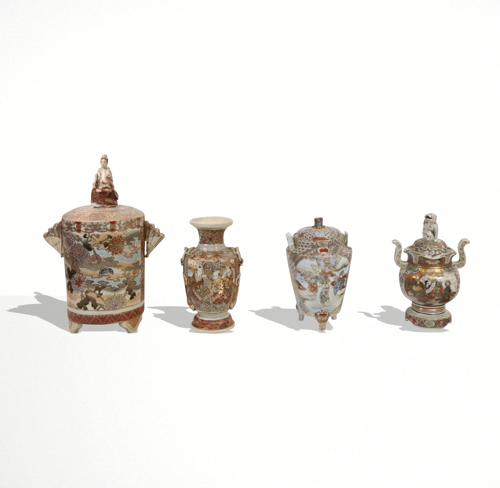 Four Larger Satsuma Porcelain Vessels: Four larger Satsuma porcelain vessels, One Large Covered round vase, one ribbon mounted vase, 2 covered jars. 20th century. [Largest 18" H x 9" diameter]. Largest has one handle broken and repaired.