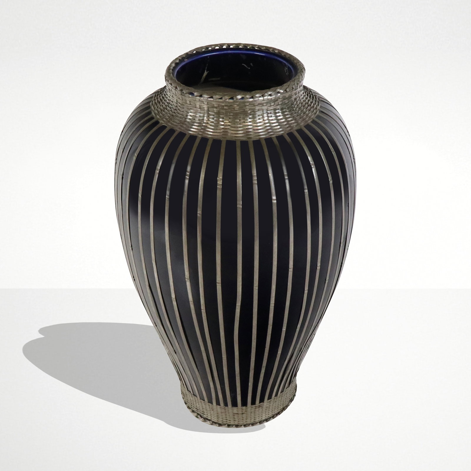 Art Deco Cobalt Blue Porcelain & Silver Plate Vase: Art deco cobalt blue and silver plate basketweave baluster form vase, Japanese, circa 1930, unmarked. [12" H x 6.5" Diameter]. Overall condition is good, with minor bending frame, and cracks to base.