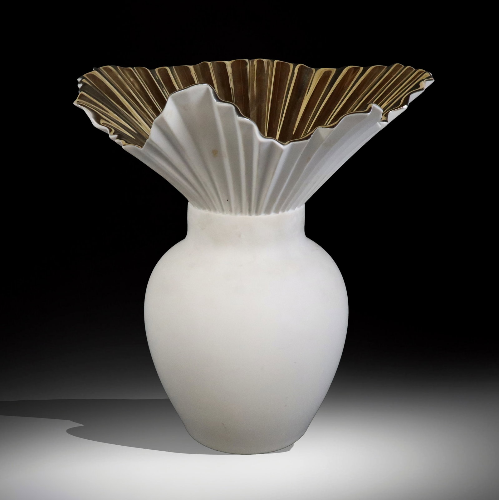 Rosenthal Studio-Line "Falda" Porcelain Vase: Rosenthal Studio-Line "Falda" white and gilt decorated porcelain vase, mark to underside. [10.75" H x 10" Diameter]. Overall condition is good, cleaning necessary.