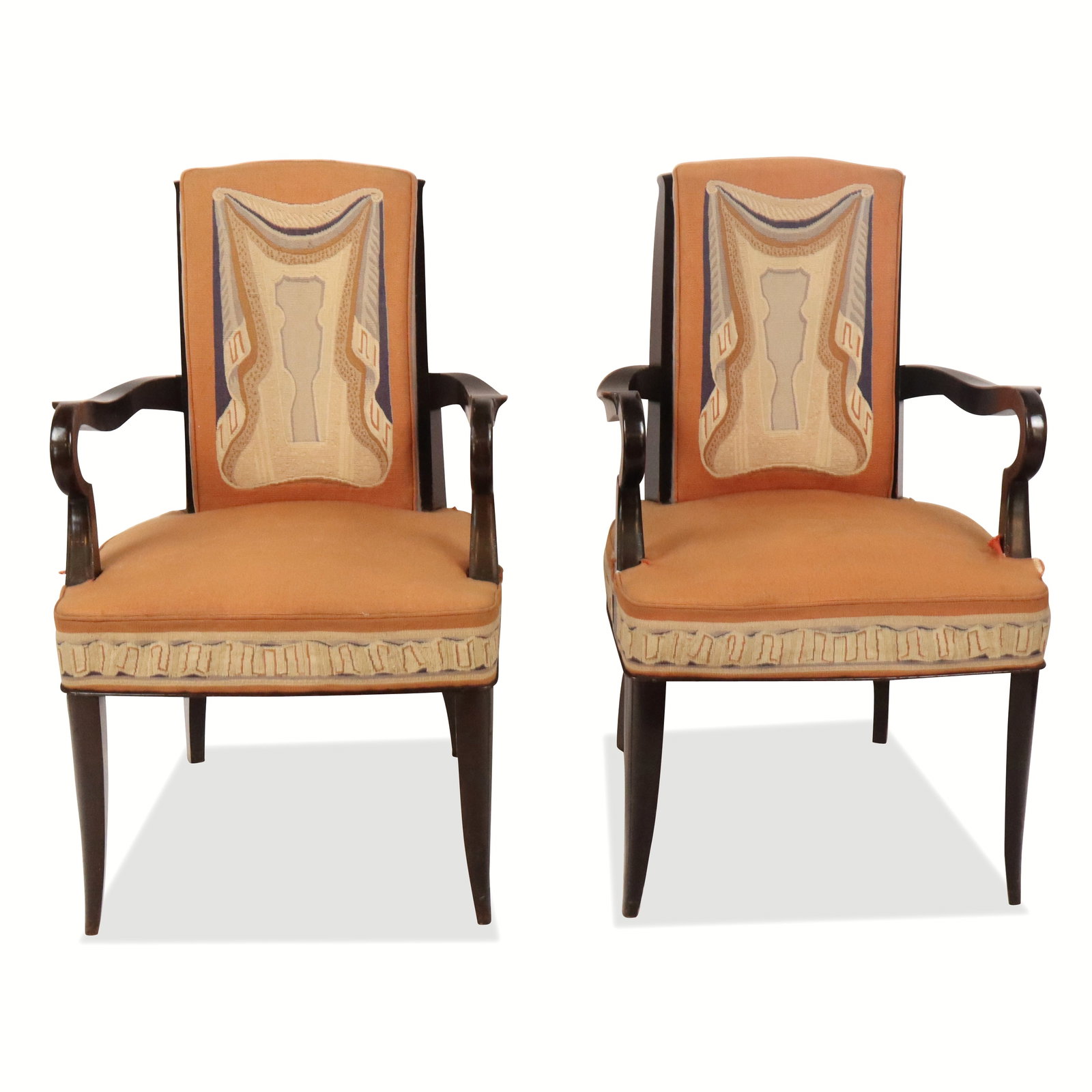 Pair of Neoclassical Open Armchairs: Pair of Neoclassical wood and upholstered armchairs, upholstered whimsically with drapery and curtain details. [37.5" H x 23" W x 21" D; 18" H to seat]. Overall condition is fair, one chair with loss 