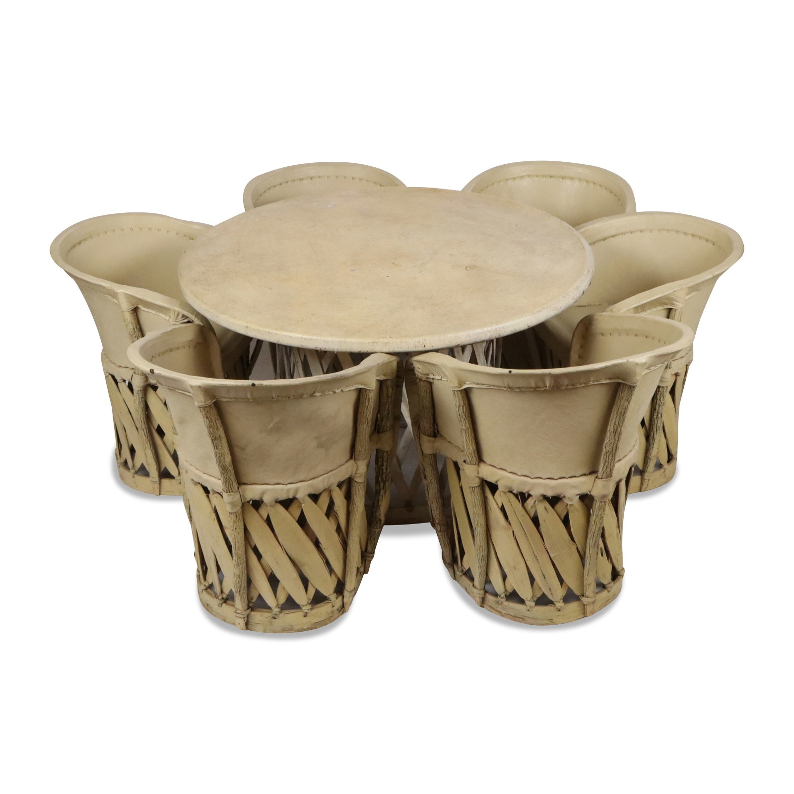 Mexican Equipale Table and Six Chairs: Mexican equipale set, in leather and palm leaves, mid-20th century, including leather-topped table and six barrel chairs. [Table: 30" H x 50" Diam.; Chair: 31" H x 23" W x 21" D; 18 1/2" H to seat].