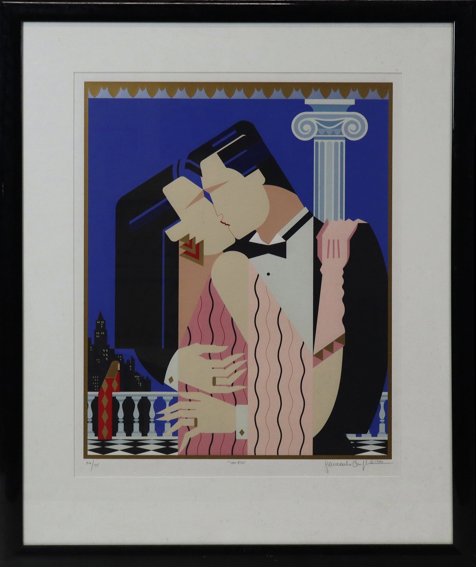 Giancarlo IMPIGLIA - "The Kiss": Giancarlo Impiglia (Ital/Amer b. 1940) - "The Kiss" serigraph in colors. A couple by a column kissing. Signed lower right, 34/175, dated 1983. [Sight 24" H x 19" W; frame 34" H x 29" W]. Fine conditio