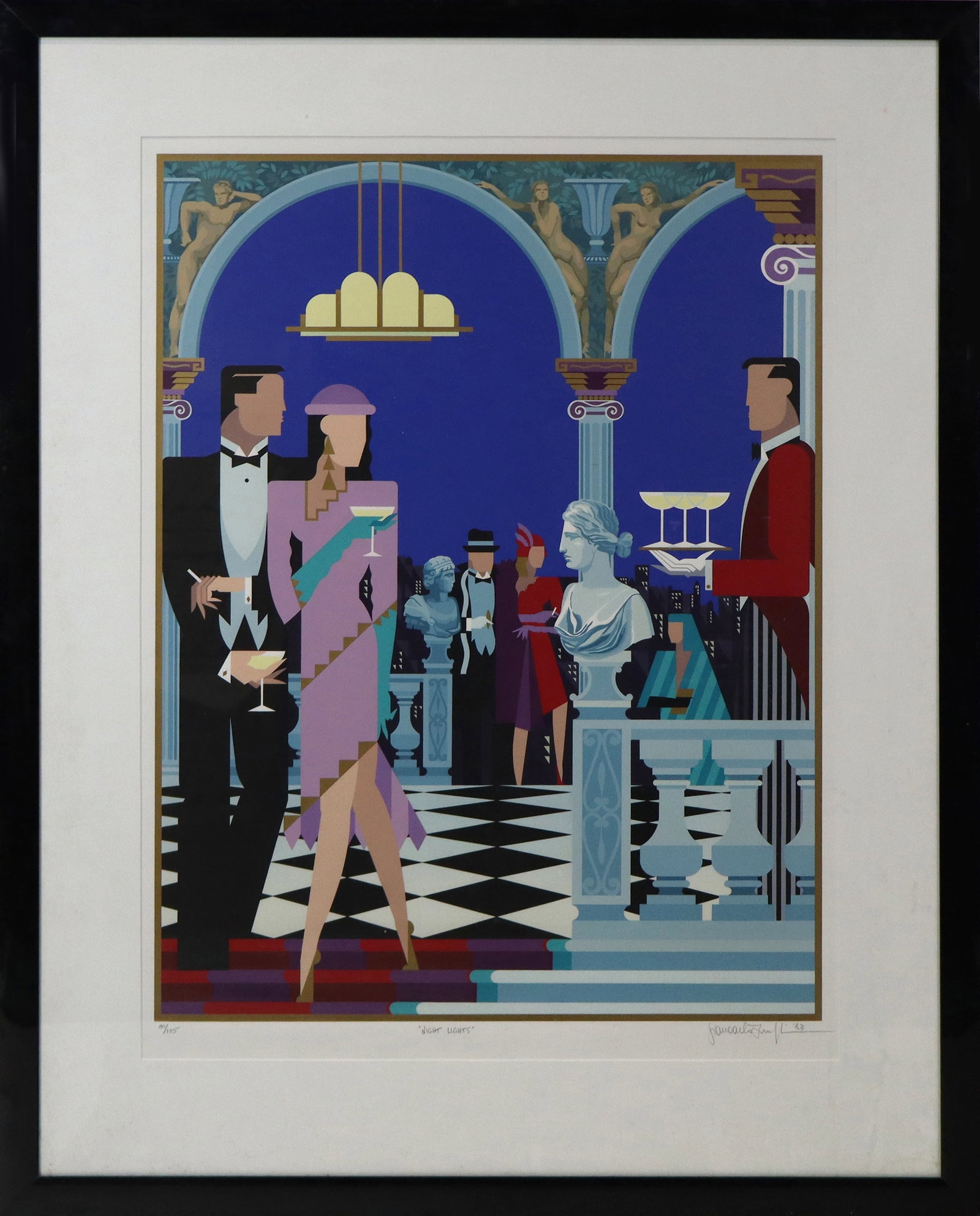 Giancarlo IMPIGLIA - "Night Lights": Giancarlo Impiglia (Ital/Amer b. 1940), "Night Lights", serigraph in colors, people in a dinner party. Signed lower right, 80/175, dated '83. [Sight 35" H x 26" W; frame 47" H x 37" W]. Fair condition