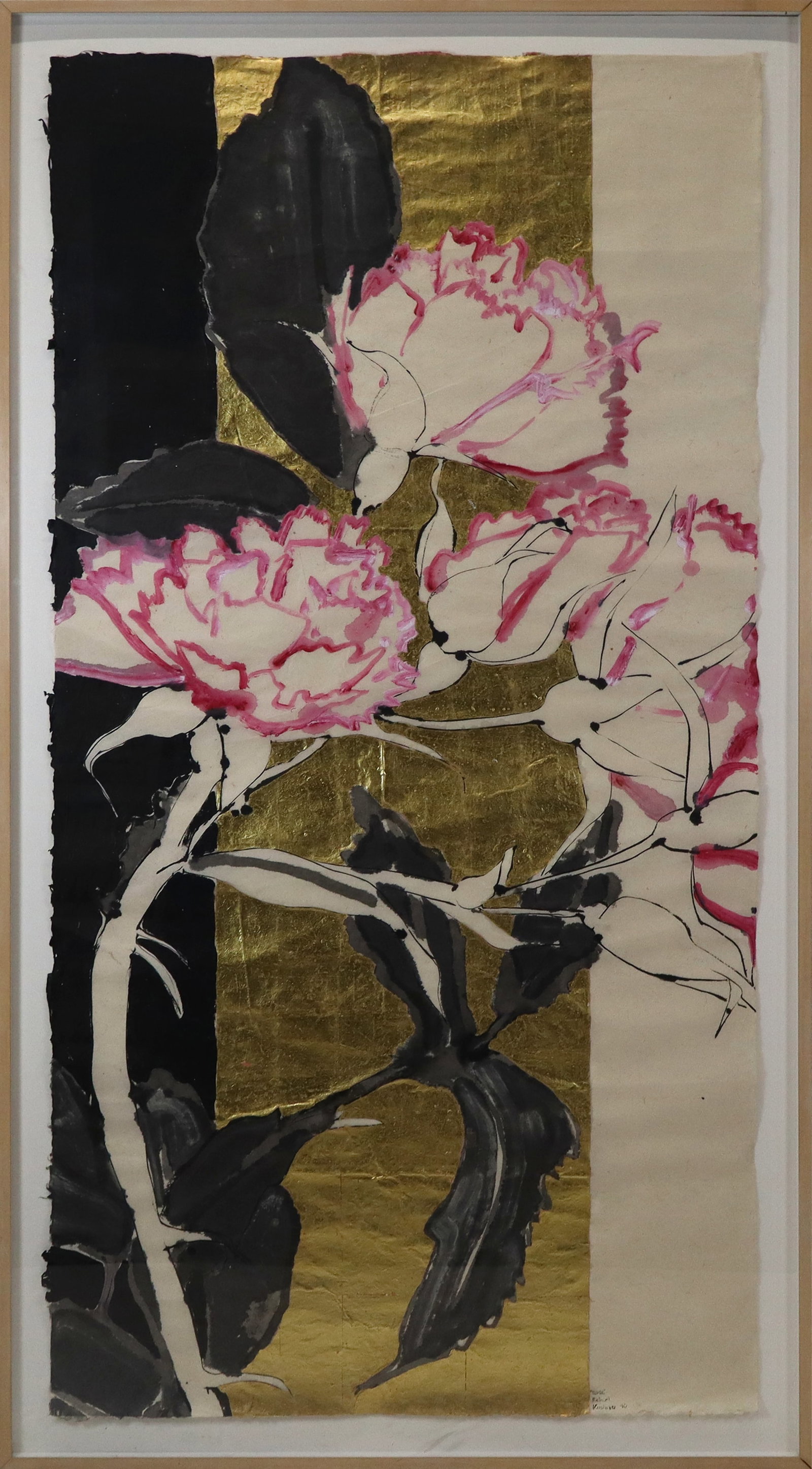 Robert KUSHNER Mixed Media - "Rose": Robert Kushner (Amer b. 1949), "Rose", mixed media of acrylic, water color, gold leaf, on Japon paper. Gold, black and white with rose outlined in pink. Signed. titled and dated '90 lower right. Galle