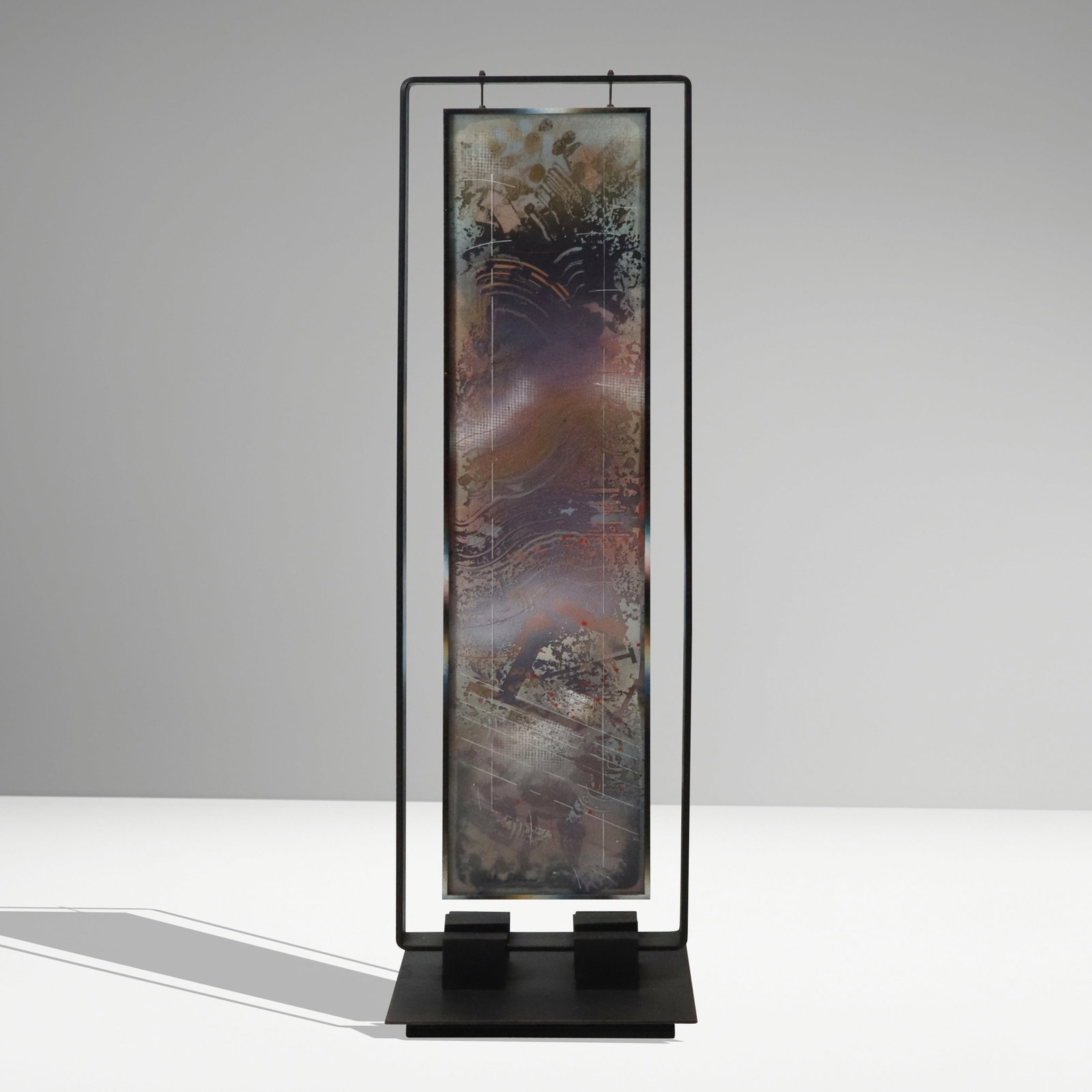 Richard VAUX Mixed Media Standing Art: Richard Vaux (Amer. b. 1940), mixed media of acrylic painted on composition, in a steel framed stand/pedestal. With provenance receipt from Susan Seelig Art Consultant. Signed lower middle on one pane