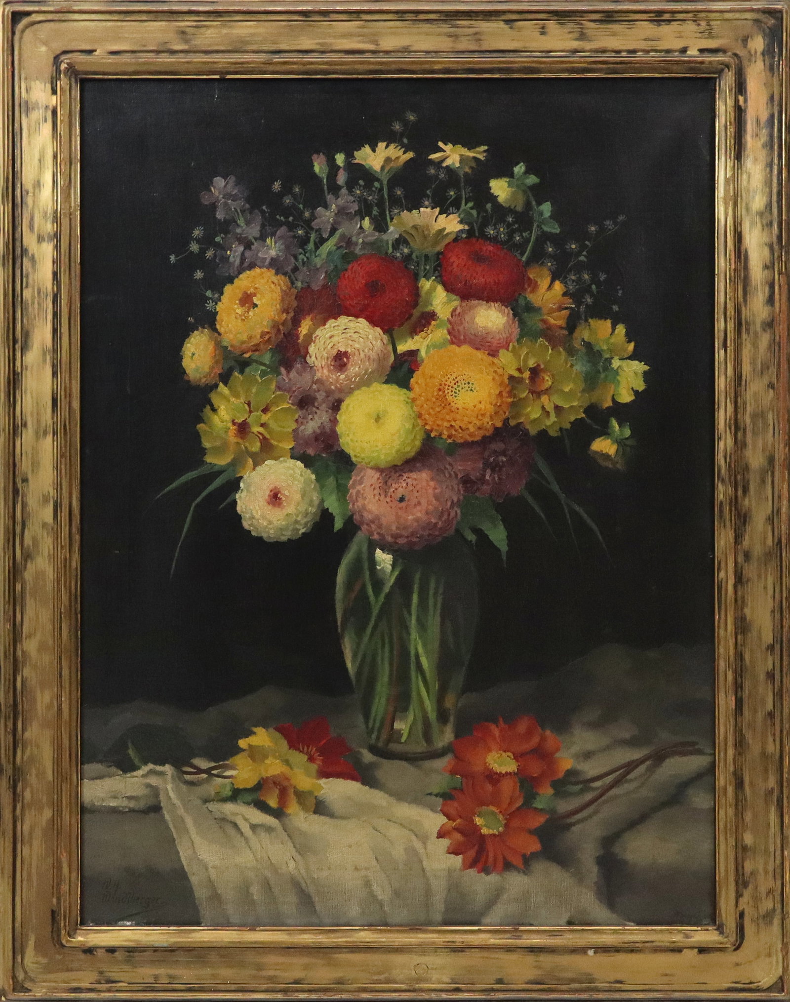 W.H. WENDLBERGER Oil on Canvas Floral Still Life: Wenzel Hermann Wendlberger (German, 1882-1945) oil on canvas floral still life, signed lower left "W.H. Wendlberger", framed. [Canvas: 27.5" H x 20.25" W; Frame: 32.25" H x 25.25" W]. Overall conditio