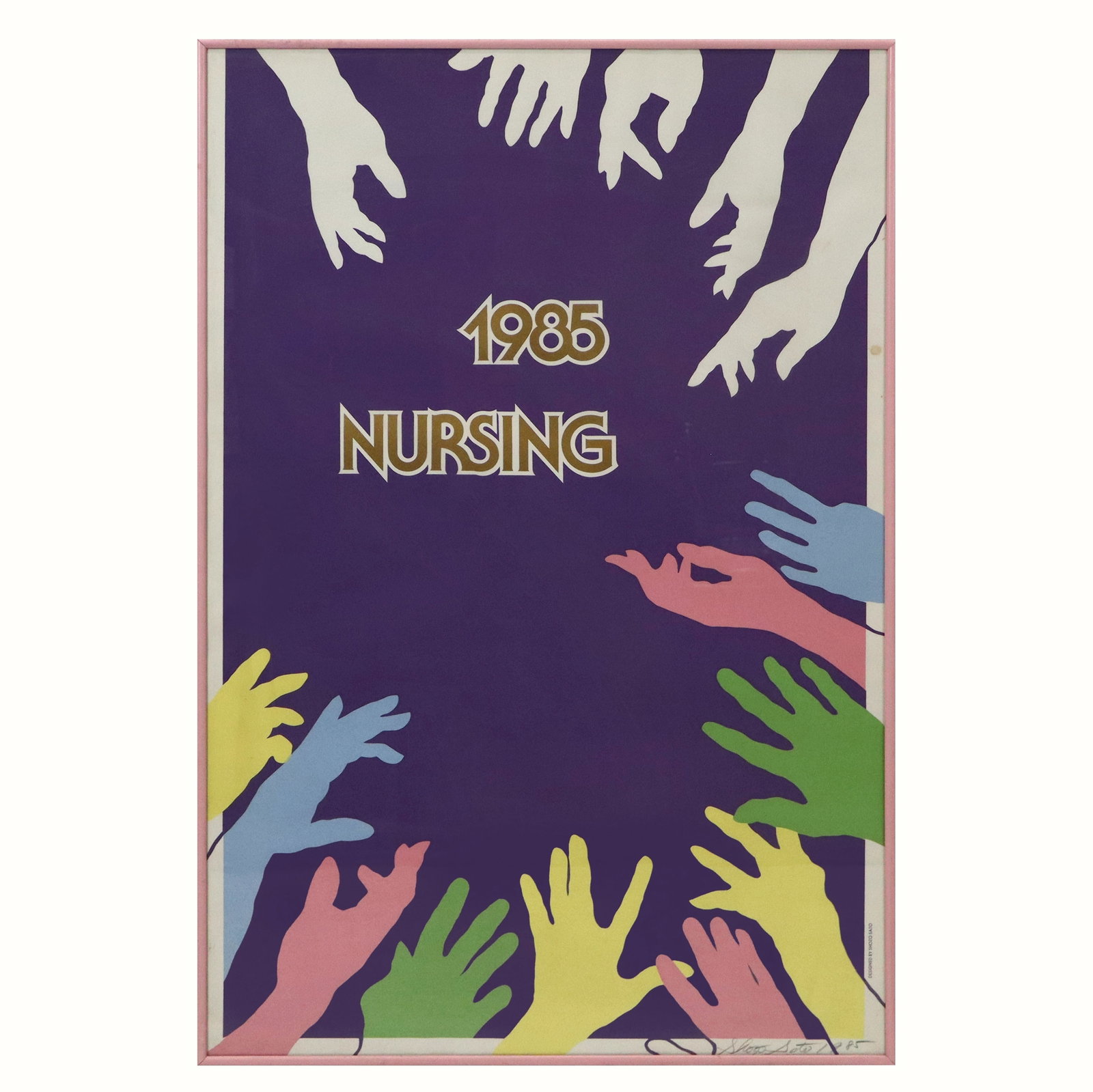 Shozo SATO "1985 Nursing" Lithographic Poster: Shozo Sato (Japanese, 1933-2025) color lithograph poster "1985 Nursing", pencil signed and dated lower right, 1985, contained in a pink frame. [Sight: 33" H x 22.25" W; Frame: 34" H x 23.25" W]. One s