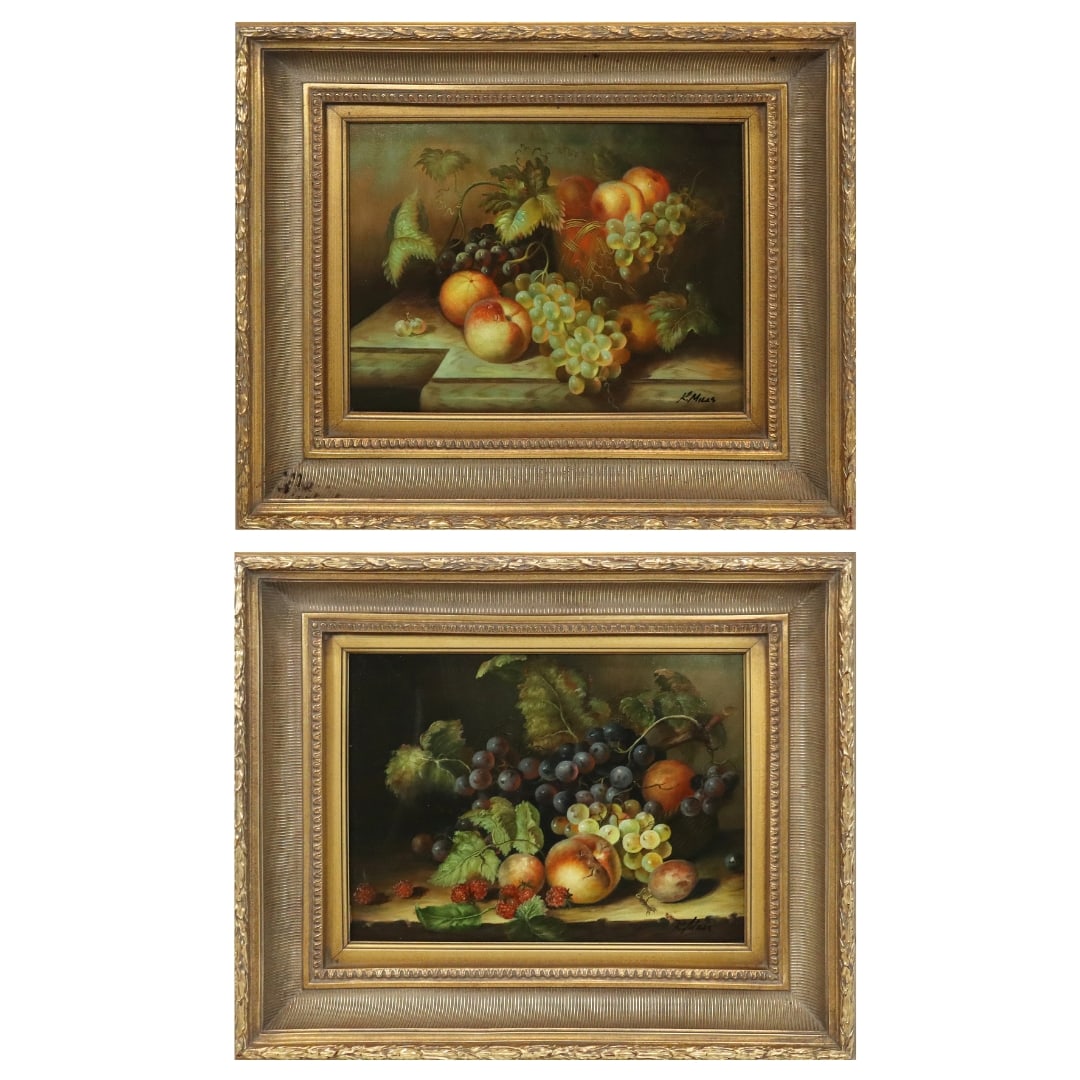 K. MILLS Two Oil on Canvas Still Life with Fruit: Pair of gilt framed oil on canvas depicting still lifes with fruit and foliage, 20th century, each signed lower right "K. Mills" and bearing certificates of authenticity to verso. [Canvas: 12" H x 16"