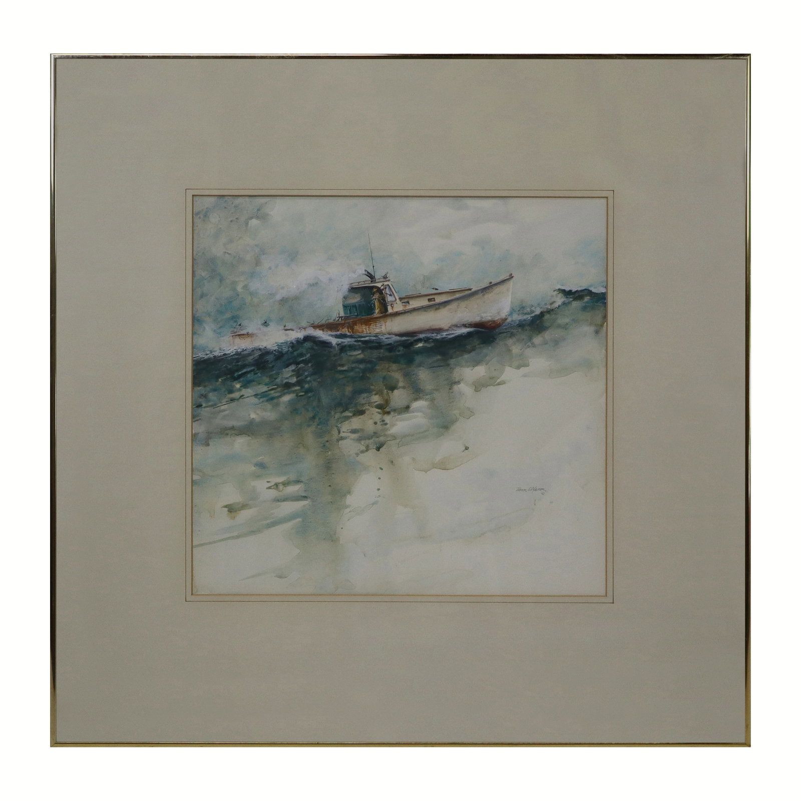 Peter MAIER "Lobster Boat" Egg Tempera Painting: Peter E. Maier (American, b. 1945) egg tempera painting on paper titled "Lobster Boat", signed lower right, matted and framed, bearing labels to verso. [Sight: 18" sq.; Frame: 30.25" sq.]. Painting in