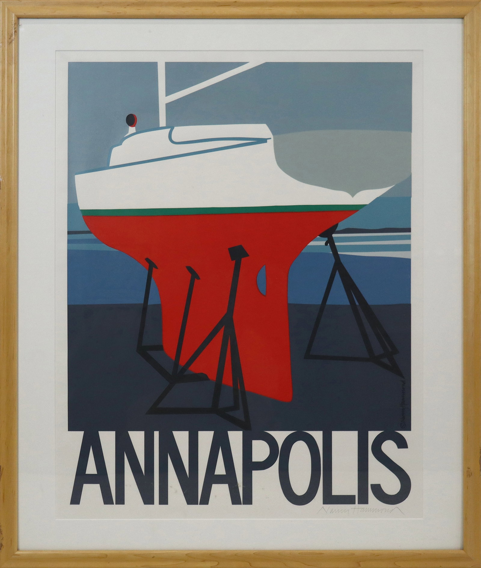 Nancy HAMMOND "Annapolis" Color Serigraph Poster: Nancy Hammond (American, 20th Century) color serigraph travel poster "Annapolis", pencil signed lower right, matted and framed, bearing label to verso. [Sight: 31" H x 24" W; Frame: 37.5" H x 31.75" W