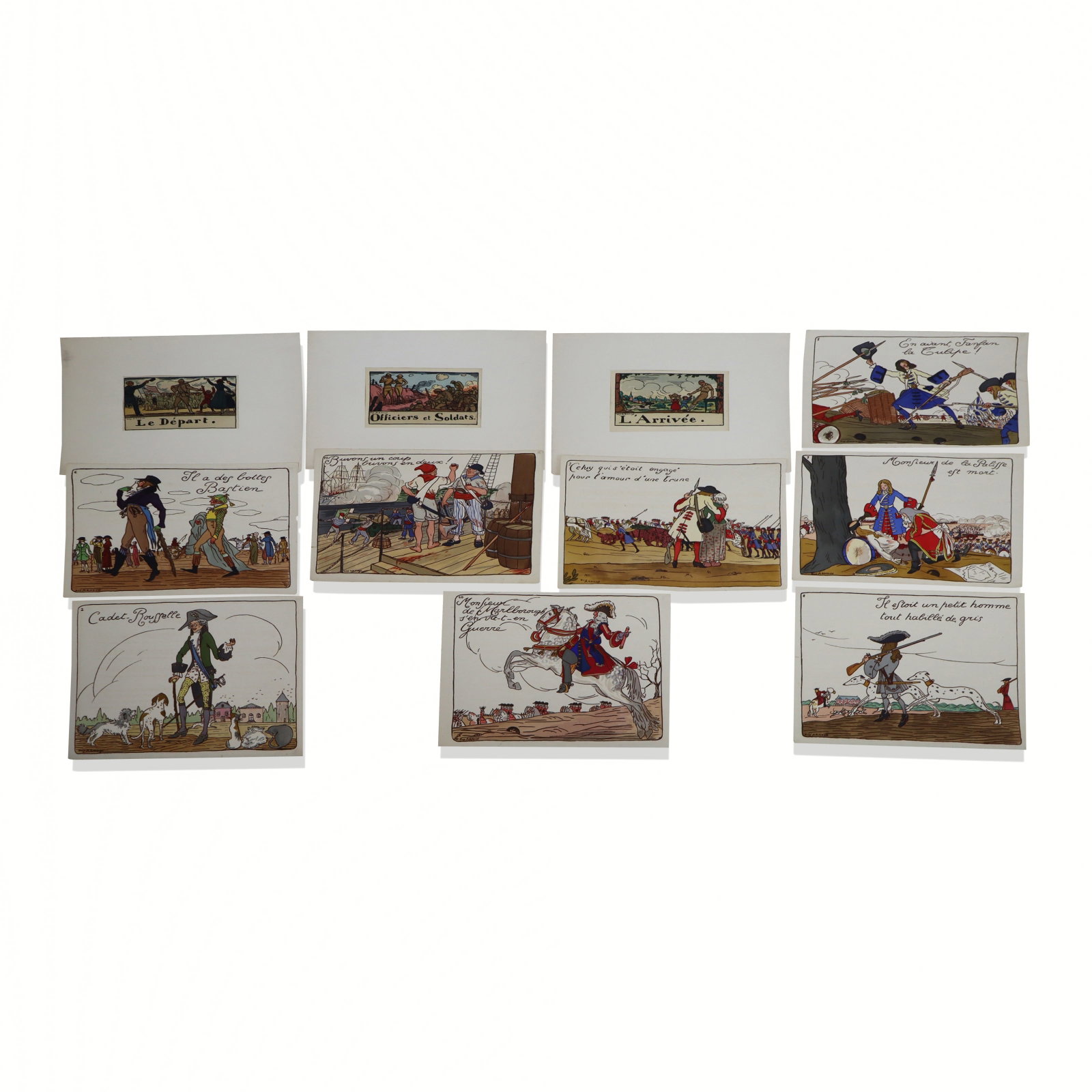 After Guy ARNOUX Color Prints, 11: After Guy Arnoux (French 1886-1951), 11 color prints, "Officers et Soldats" with 8 color prints, and two other title pages "Le Depart" & "L'Arrivee". [11" x 13" matted and pages]. Good condition.