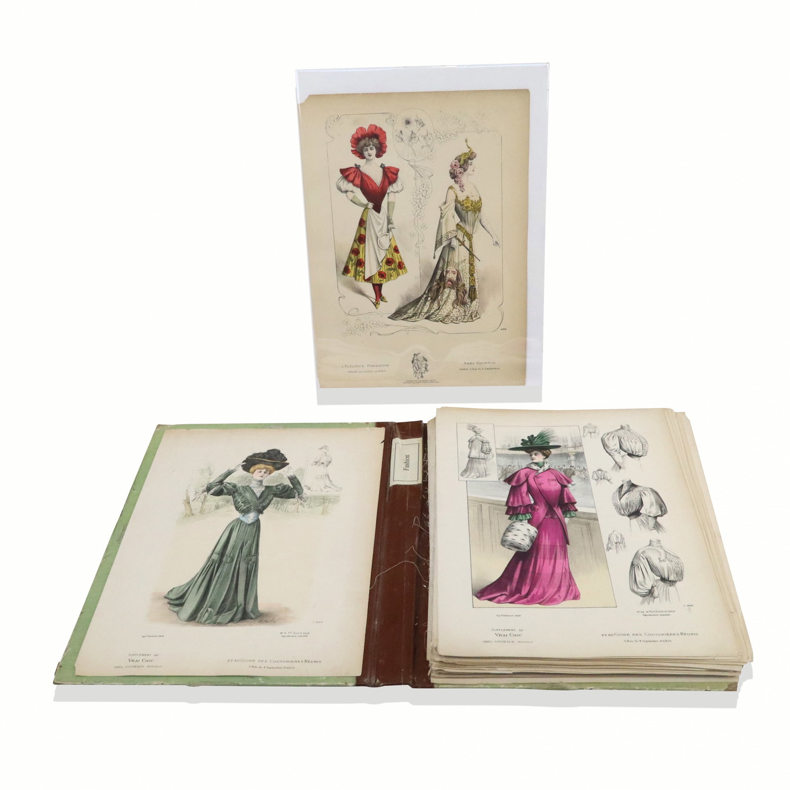 Collection of Vintage French Fashion Prints: Collection of Vintage French fashion prints "Exposition de Paris - 1900" incomplete set, and "et au Guide des Couturieres Reunis" incomplete set. approx. 50 prints, early 20th century. [15.5" H x 11"]