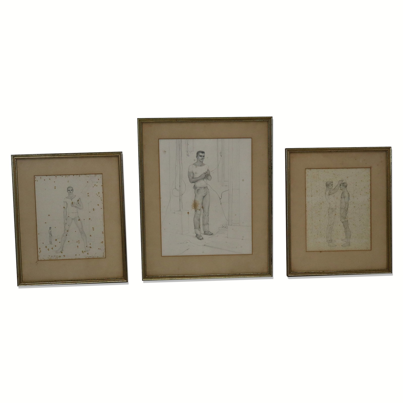 John LEAR Suite of 3 Figural Pencil Drawings: John B. Lear (American 1910-2008) suite of three pencil drawings depicting various scenes of men at work, each signed within the composition lower right, matted and framed, all bearing labels to verso
