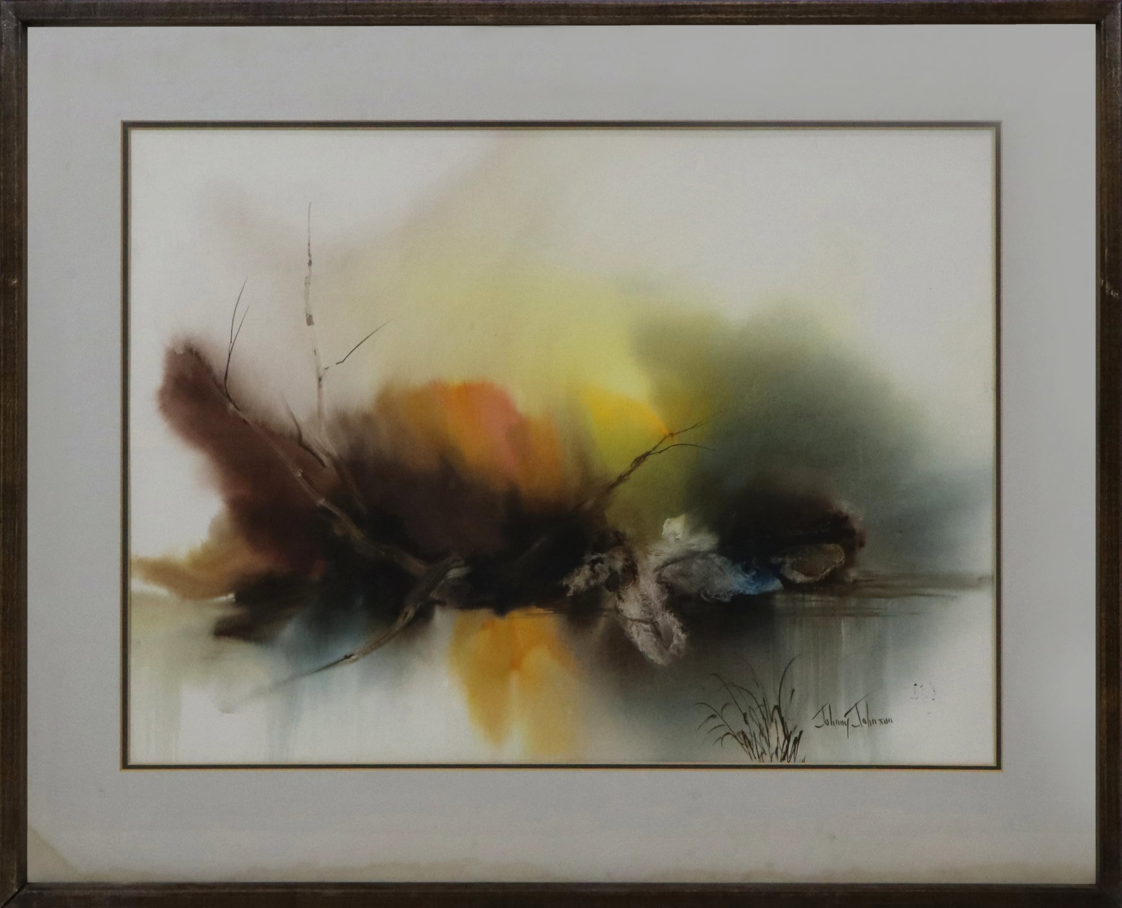 Johnny JOHNSON Abstract Marsh Watercolor: Johnny Johnson (American, b. 1936) watercolor depicting abstract marsh scene, signed lower right, matted and framed. [Sight: 17.5" H x 24" W; Frame: 25" H x 31" W]. Work appears to be in good conditio