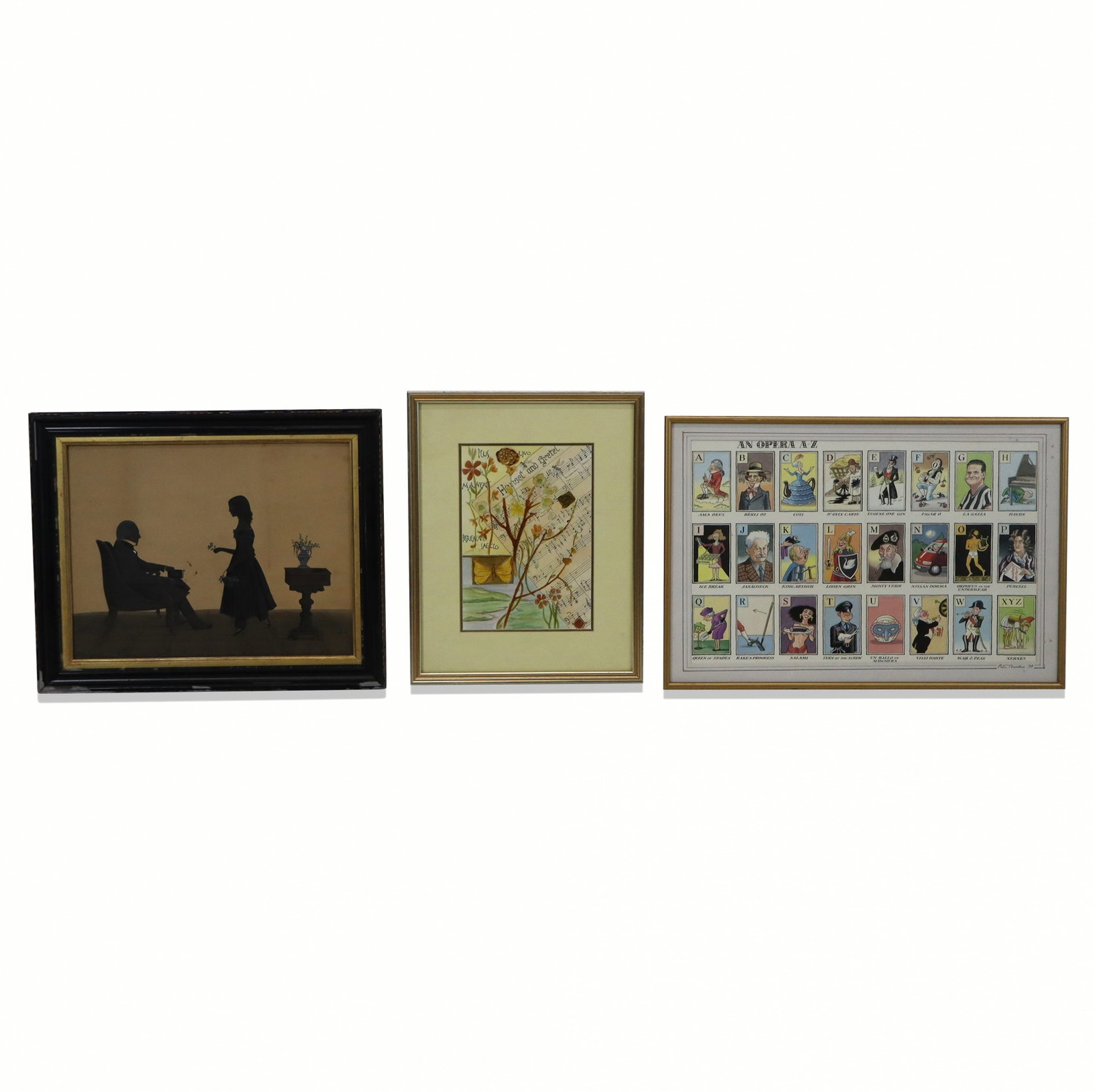 Peter BROOKES, Margaret FOXMOORE, & Other, 3 Works: Group of three framed decorative works, late 19th-20th century, including: an antique silhouette portrait of a young girl and seated man; an illuminated musical score "Hansel and Gretel", signed and i