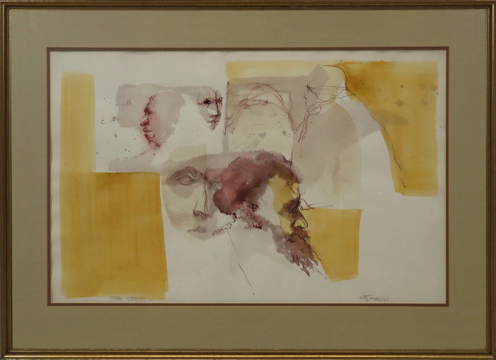 A. B. JACKSON "Head Studys" Abstract Watercolor: Alexander Brooks Jackson (American, 1925-1981) watercolor on paper depicting several abstracted figures, tilted "Head Studys", pencil signed and titled to lower margin, matted and framed, bearing labe
