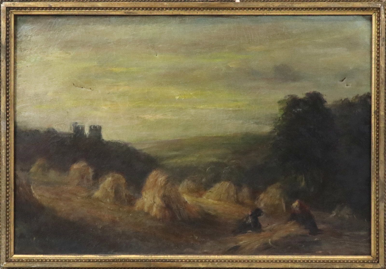 J. GLEN 19th Century Oil on Canvas Landscape: 19th century oil on canvas depicting a hilly landscape titled "Harvest", signed and titled to verso, circa 1985. [Canvas: 16" H x 24" W; Frame: 18" H x 25.5" W]. Craquelure, canvas dried out, several 