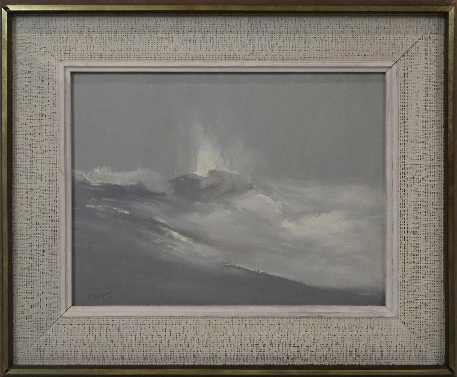 Lewis CROFT Oil on Panel Abstract Seascape: Lewis Scott Croft (American/Canadian, 1911-1980) abstract oil on panel seascape in muted tones, signed lower left "Croft", matted and framed. [Sight: 11.25" H x 15" W; Frame: 18.25" H x 22.5" W]. Scat