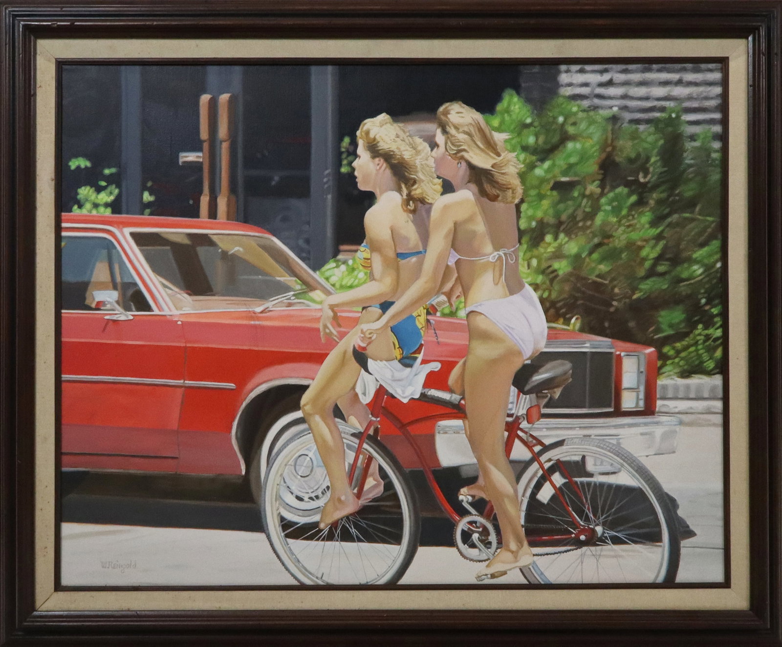 William REINGOLD Acrylic on Canvas Two Ladies: William N. Reingold (American, 1926-2002) acrylic on canvas depicting two women in bikinis riding a bicycle, signed lower left "W. Reingold", framed. [Sight: 21.5" H x 27.5" W; Frame: 27" H x 33" W]. 