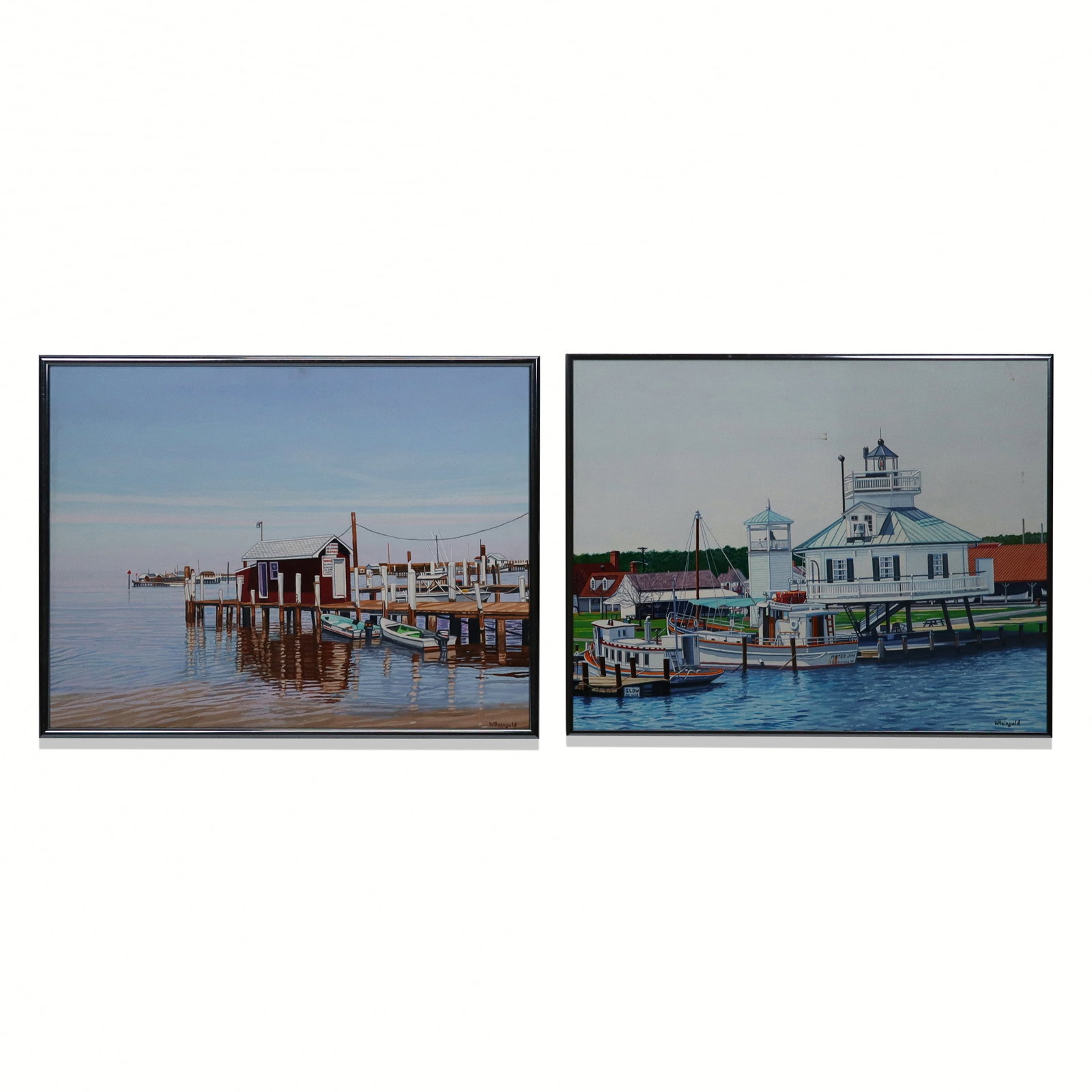 William REINGOLD 2 Acrylic on Canvas Port Scenes: William N. Reingold (American, 1926-2002) two acrylic on canvas port scenes with buildings and boats, each signed lower right "W. Reingold", framed. [Sight: 17" H x 23" W; Frames: 18.25" H x 24.25" W]