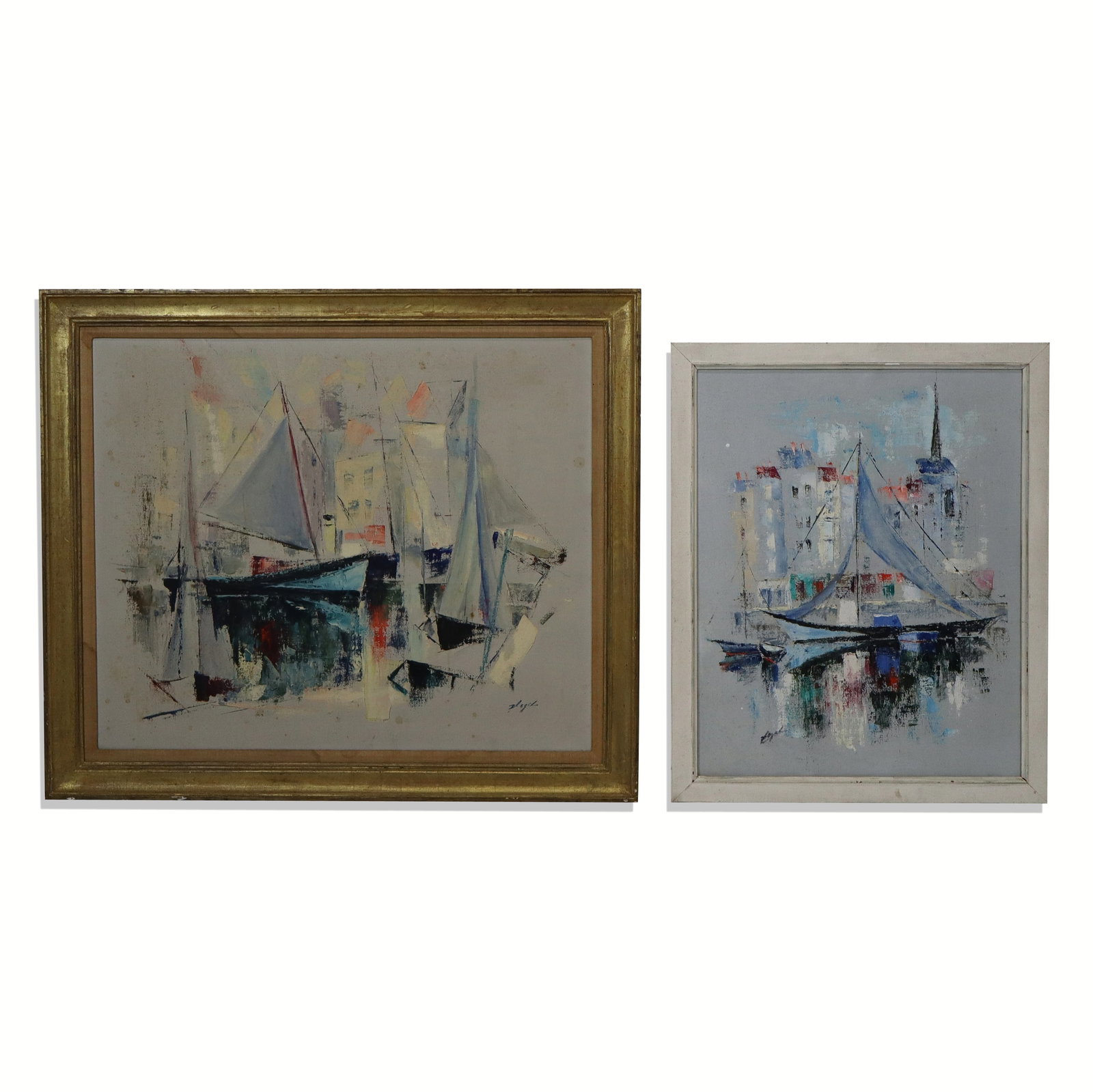2 Abstract Oil on Canvas Harbor Scene with Boats: Two abstract oil on canvas harbor scenes with boats, each bearing same illegible signature, framed. [Larger canvas: 20.5" H x 24.25" W; Larger frame: 24.25" H x 28.5" W]. Paintings with residue, stain