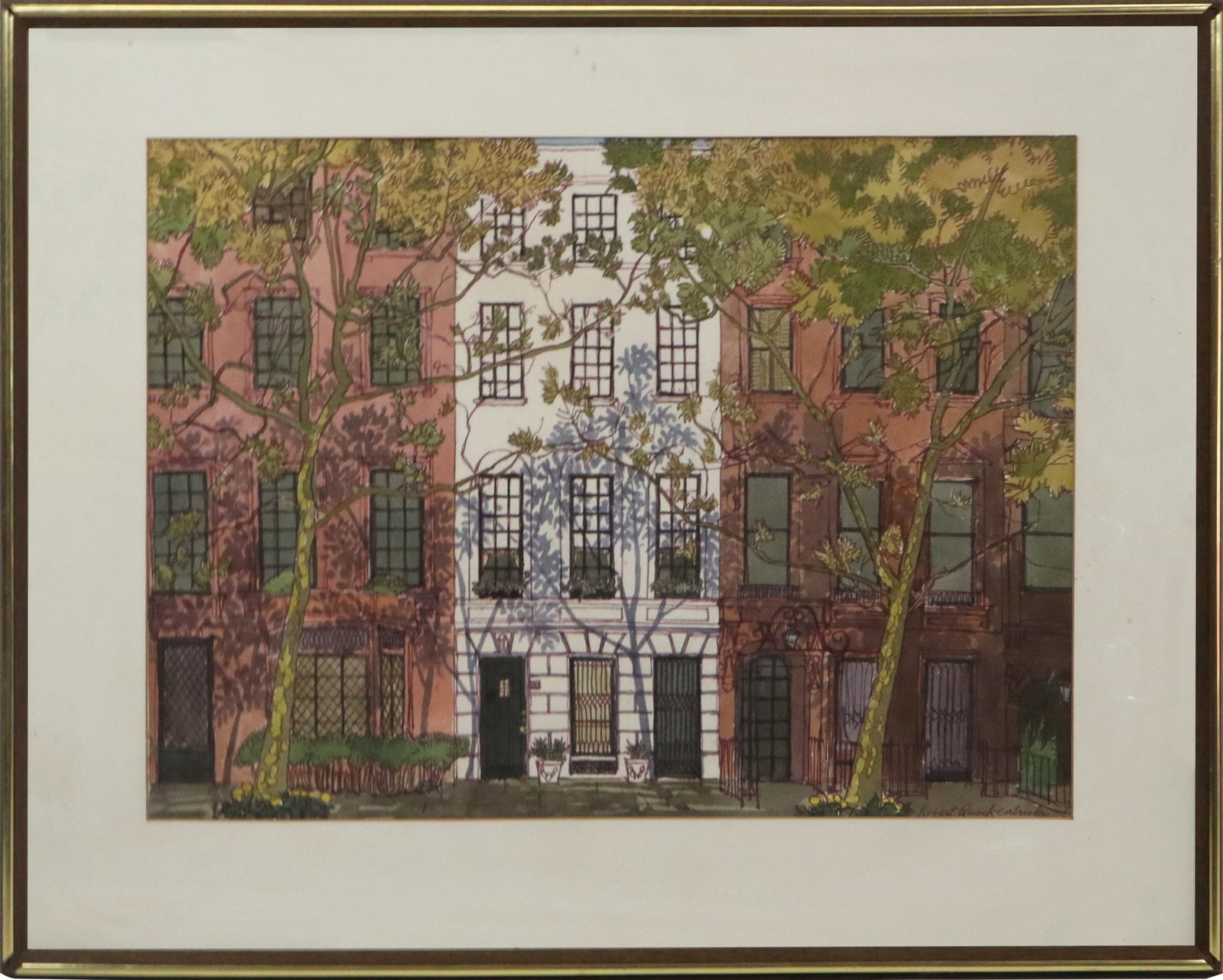 Robert QUACKENBUSH Watercolor Street Scene: Robert Quackenbush (American, 1929-2021) watercolor street scene of brownstones shaded in foliage, signed lower right, matted and framed. "Dr. Robert Mead Quackenbush, MSW, PhD was an American author 