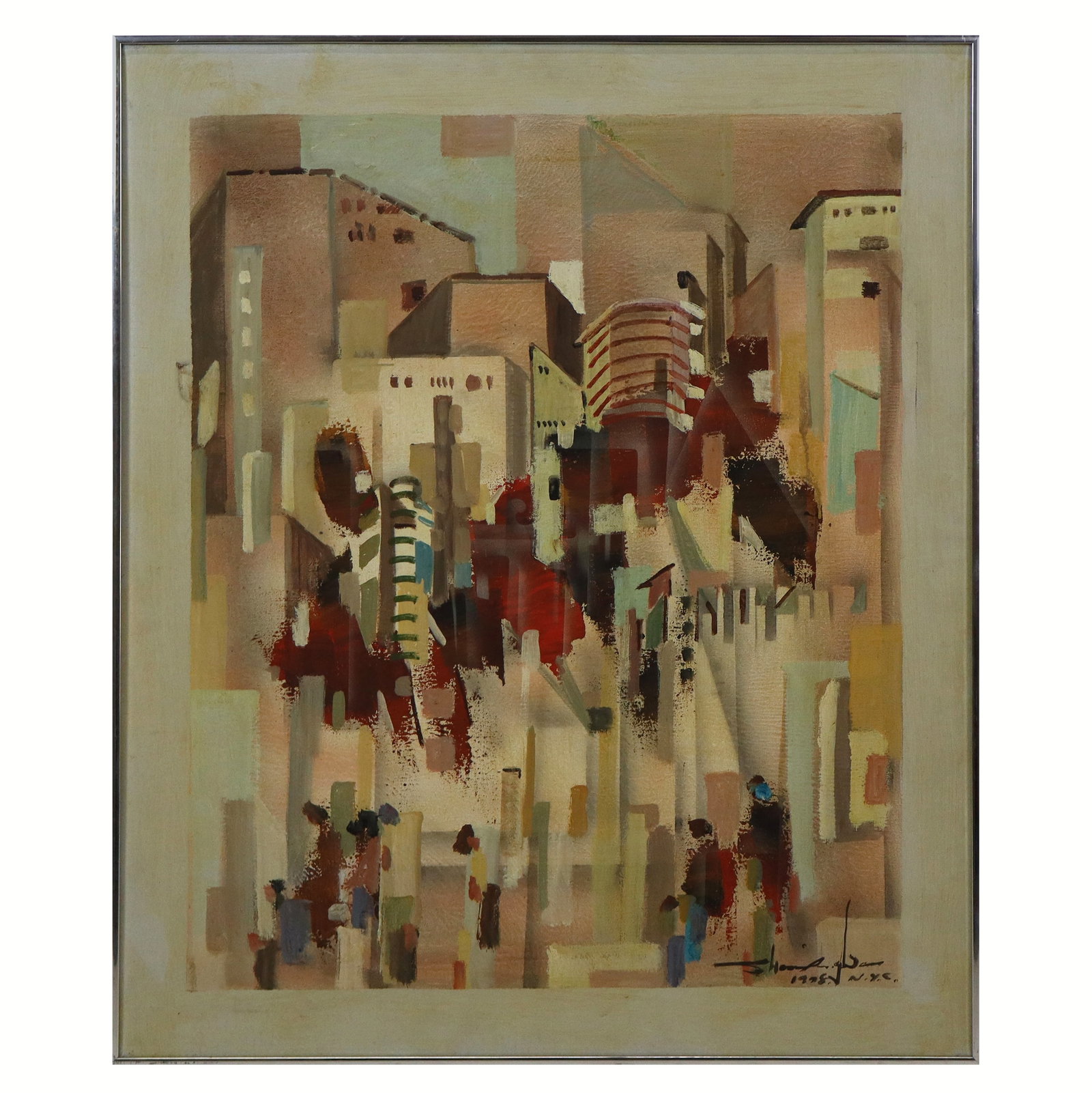 Mixed Media Abstract Cityscape, Signed: Large mixed media abstract cityscape, signed illegibly lower right, dated and inscribed, 1978, N.Y.C.. [Sight: 35.5" H x 29.5" W; Frame: 36.25" H x 30.25" W]. Overall condition is good, large puncture
