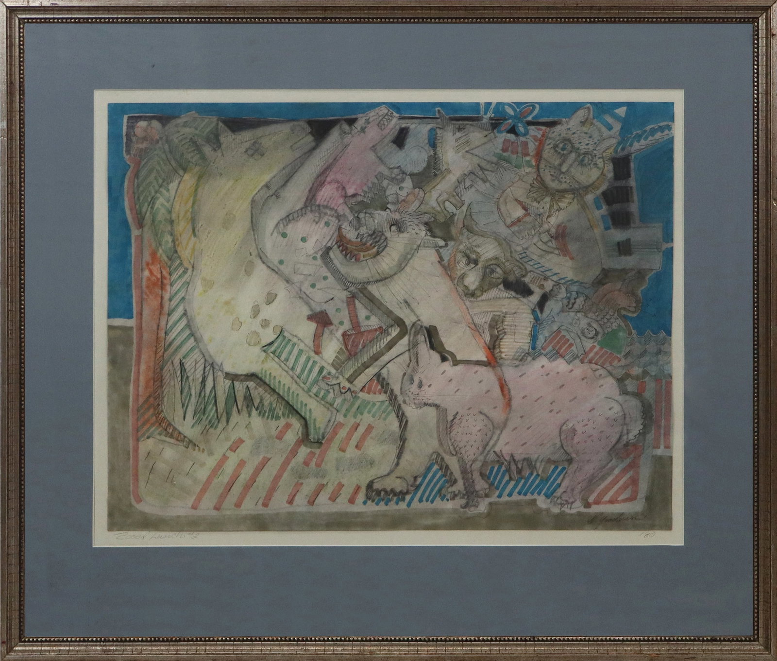 Norman GOODWIN Surrealist Animal Watercolor: Norman Goodwin (American, 20th Century) surrealist watercolor and pen composition with animals titled "Zooed Lunch #2", pencil signed to sheet "N. Goodwin", titled and dated to lower margin, 1980, mat