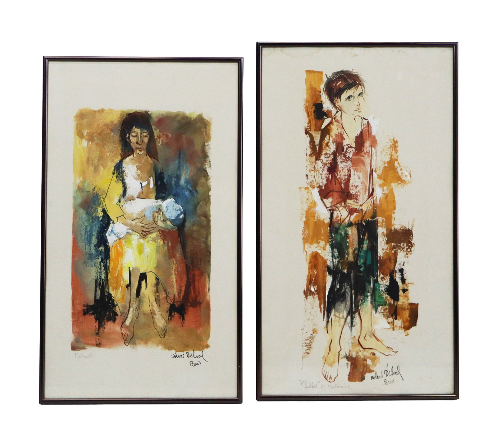 Robert DELVAL Two Gouache Portraits: Robert Delval (French, b. 1934), two framed portraits, one a mother with child, the other a standing figure, gouaches. [Art: 16.5" H x 19.5" W Frame: 24" H x 14" W] LOCATED ON CATWALK.