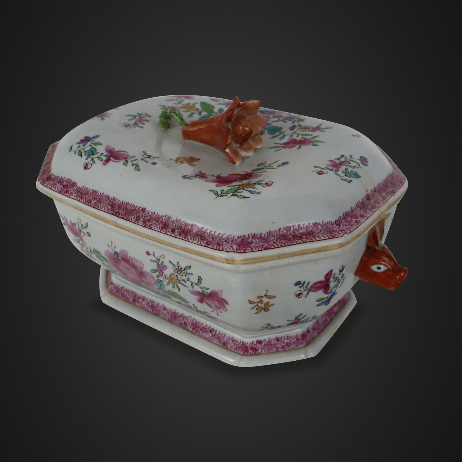 Chinese Export Covered Tureen: Chinese export covered tureen, Qing Dynasty, 20th century, with hand-decorated floral design, floral finial, and two pig's head handles, marked to base. [8" H x 13" W x 8.25" D]. Condition is good wit
