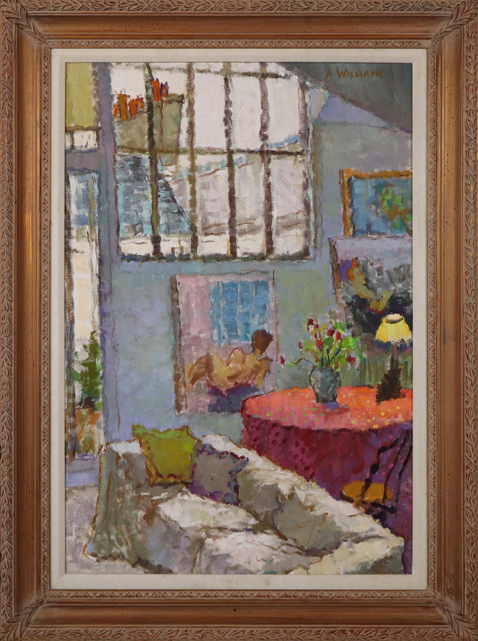 Alice WILLIAMS Oil on Canvas Interior Scene: Alice Williams (American, 20th/21st Century) oil on canvas interior scene, signed upper right "A. Williams", framed. [Canvas: 36" H x 24" W; Frame: 44.25" H x 32.35" W]. Overall condition is good.