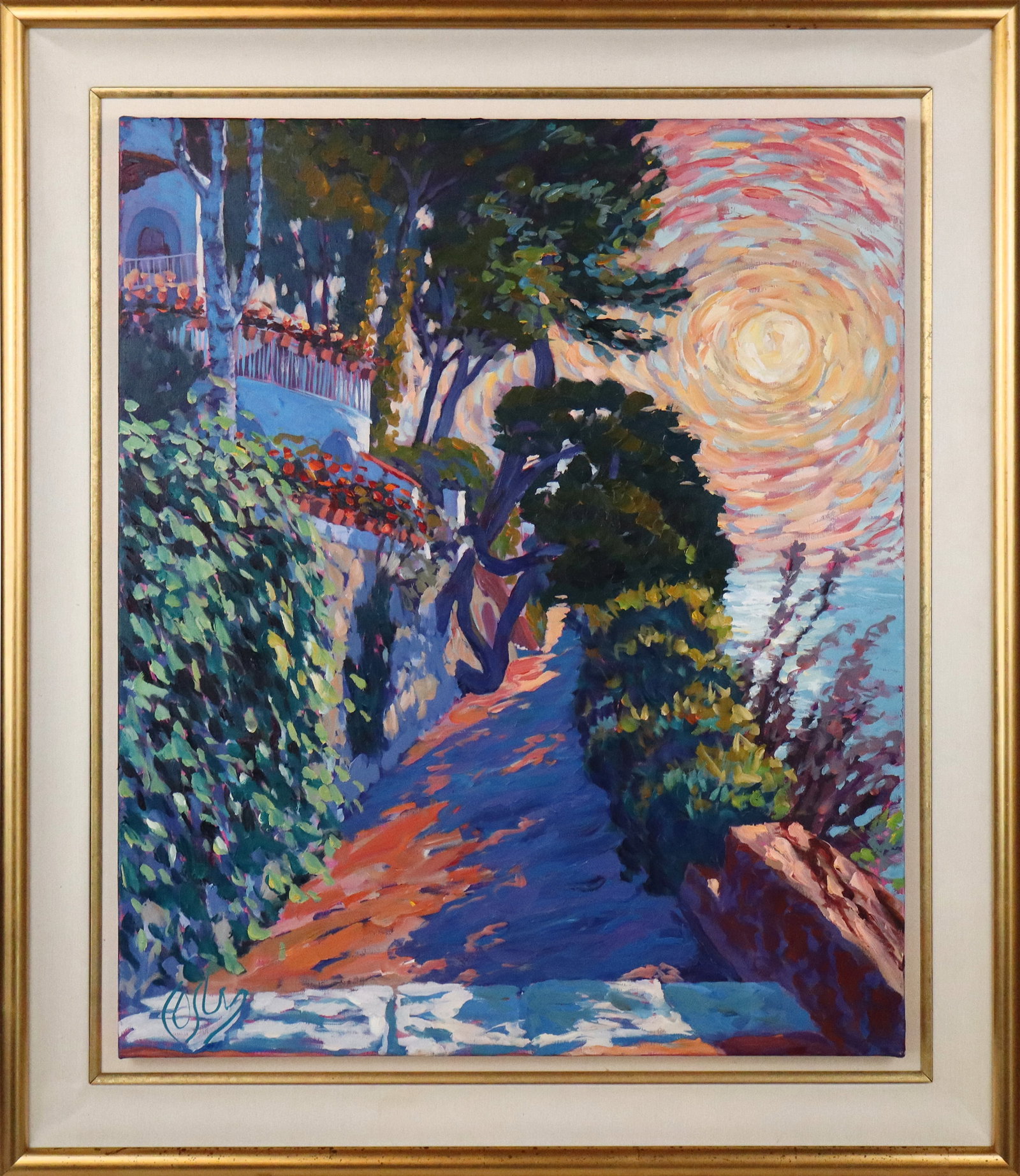 John COSBY Oil on Canvas Impressionist Landscape: John Cosby (American, b. 1955) oil on canvas vibrant impressionist landscape, 1992, signed lower left "Cosby", with additional signature and personal inscription to verso of frame. [Canvas: 36" H x 30