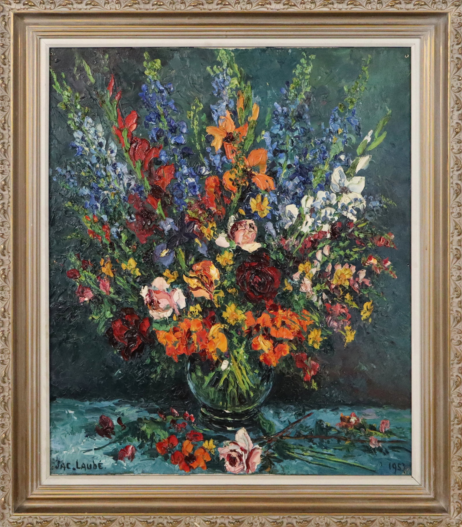 Jac LAUBE Oil on Canvas Floral Still Life: Jac Laube (French, 1900-1985) oil on canvas with heavy impasto, floral still life, signed lower right "Jac. Laube", dated lower left, 1953, framed. [Canvas: 25.5" H x 21.5" W; Frame: 30.5" H x 26" W].