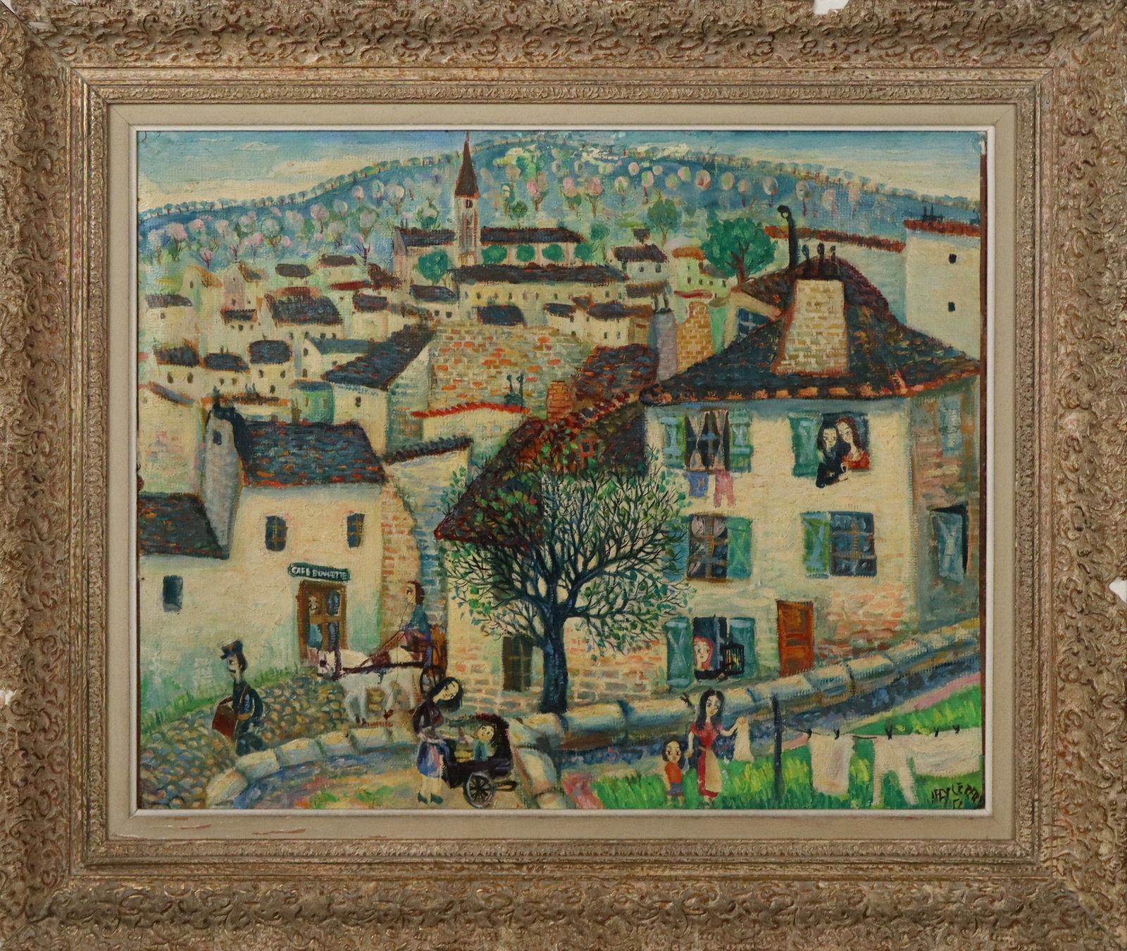 Jean RAFFY LE PERSAN Oil/Canvas Village Landscape: Jean Raffy le Persan (French 1920 - 2008) oil on canvas figural village scene, signed lower right and dated, 52 (?), framed. [Canvas: 19.75" H x 24" W; Frame: 26.25" H x 30.75" W]. Overall condition i