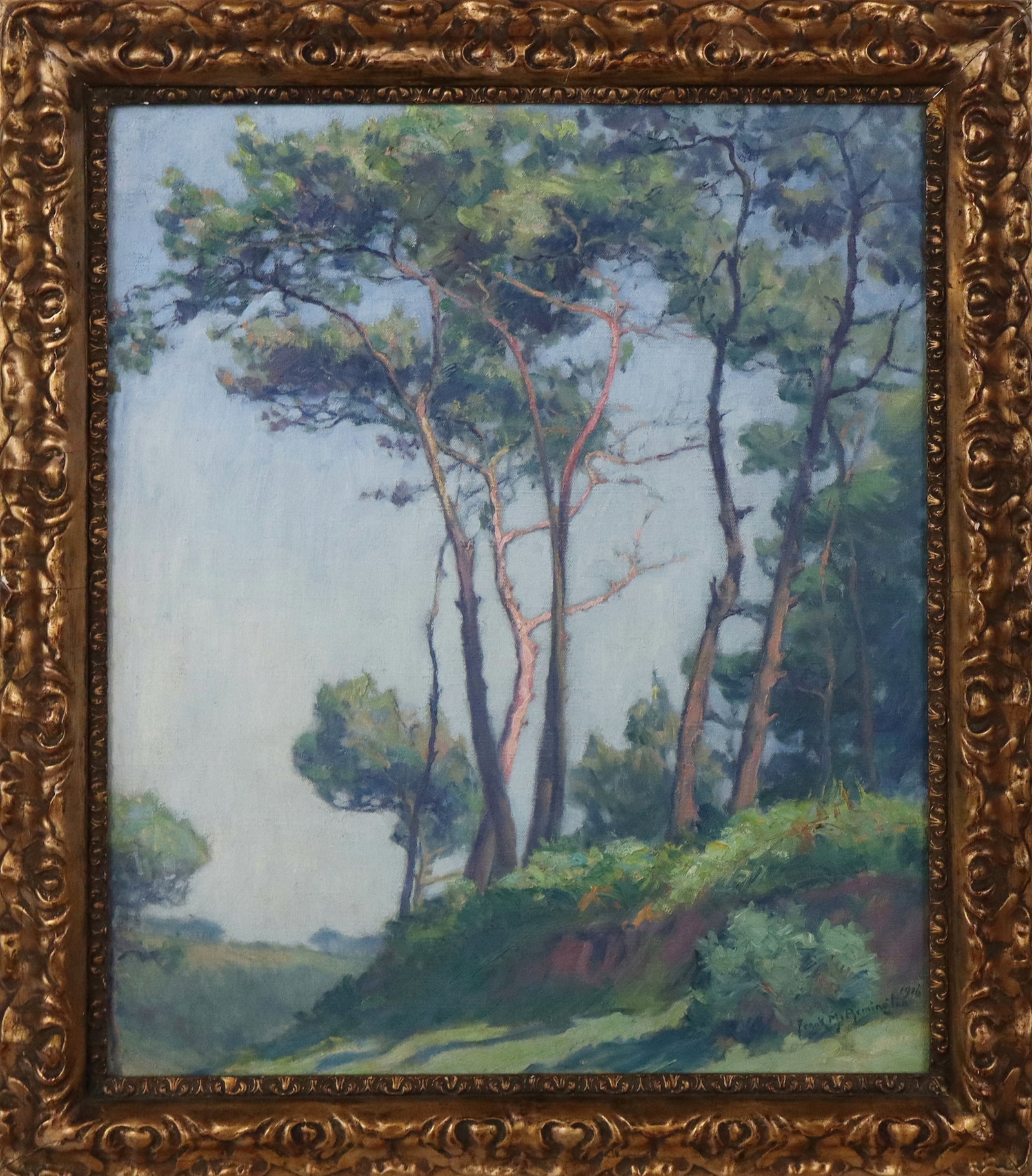 Frank M. ARMINGTON Oil Ptg "Les Pins a St. Efflam": Frank Milton Armington (Canadian, 1876-1941) oil on canvas, "Les Pins a St. Efflam", 1916, signed and dated lower right, signed and titled to verso, bearing multiple labels to verso including