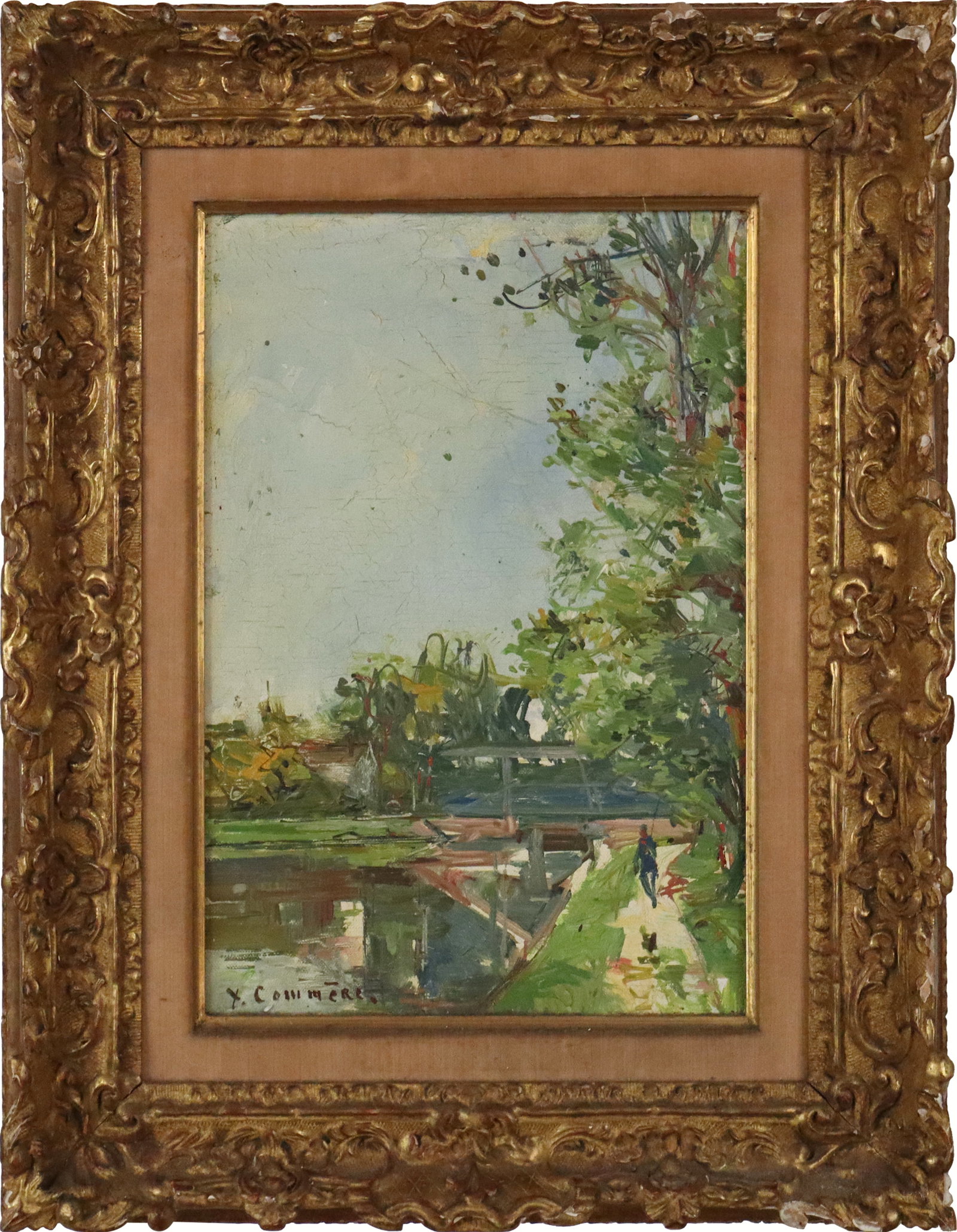 Jean Yves COMMERE Oil/Canvas "Man Fishing in Park": Jean Yves Commere (French, 1920-1986) oil on canvas, "Man Fishing in Park", signed lower left "Y. Commere", bearing Sotheby's label to verso, gilt framed. [Canvas: 14" H x 9.5" W; Frame: 20.5" H x 16"