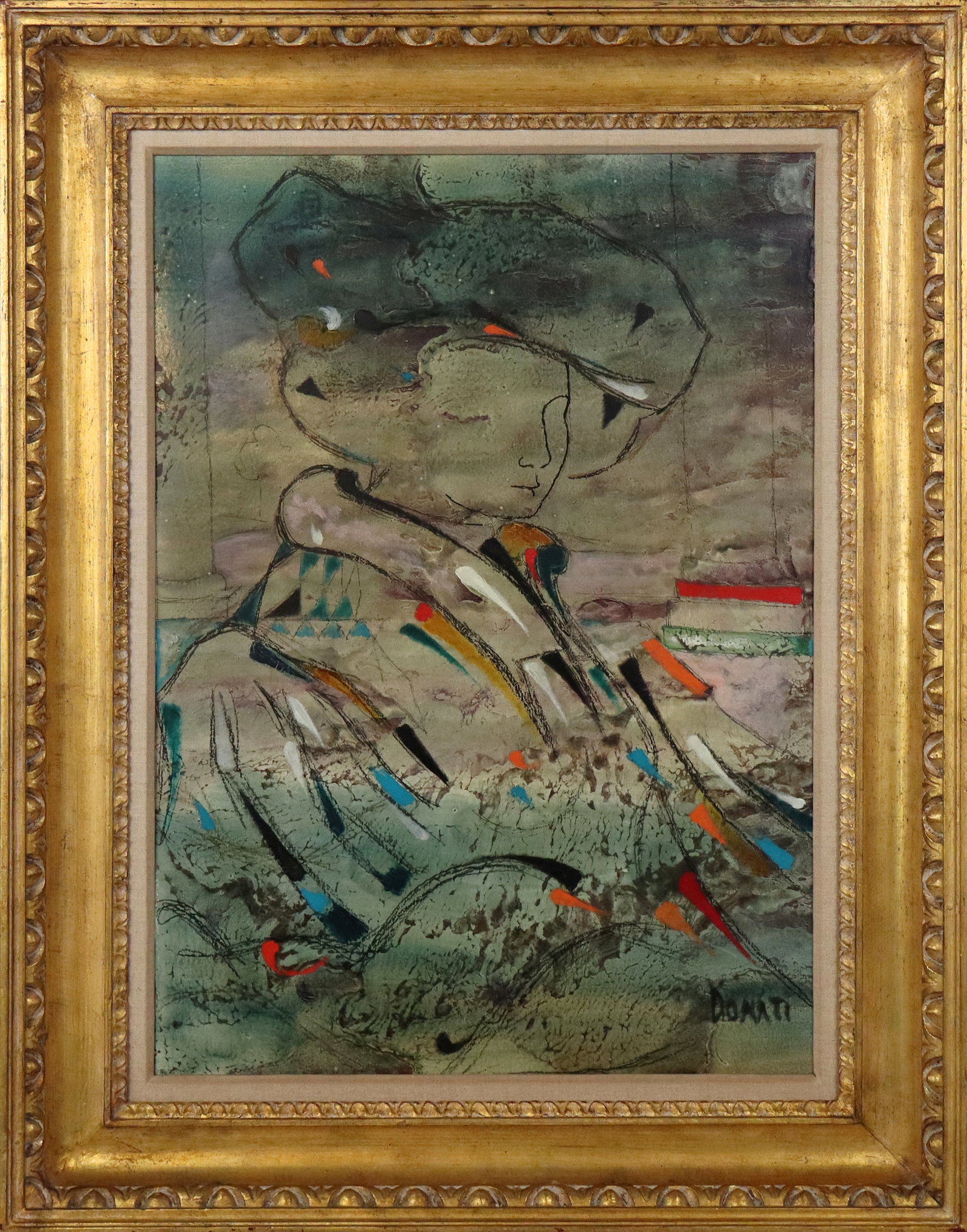 Lazzaro DONATI Oil on Panel "La Principessa...": Lazzaro Donati (Italian, 1926-1977) oil on panel, "La Principessa in Viola...", 1965, signed lower right "Donati", with additional signature and inscription to verso, framed. [Sight: 27" H x 19" W;