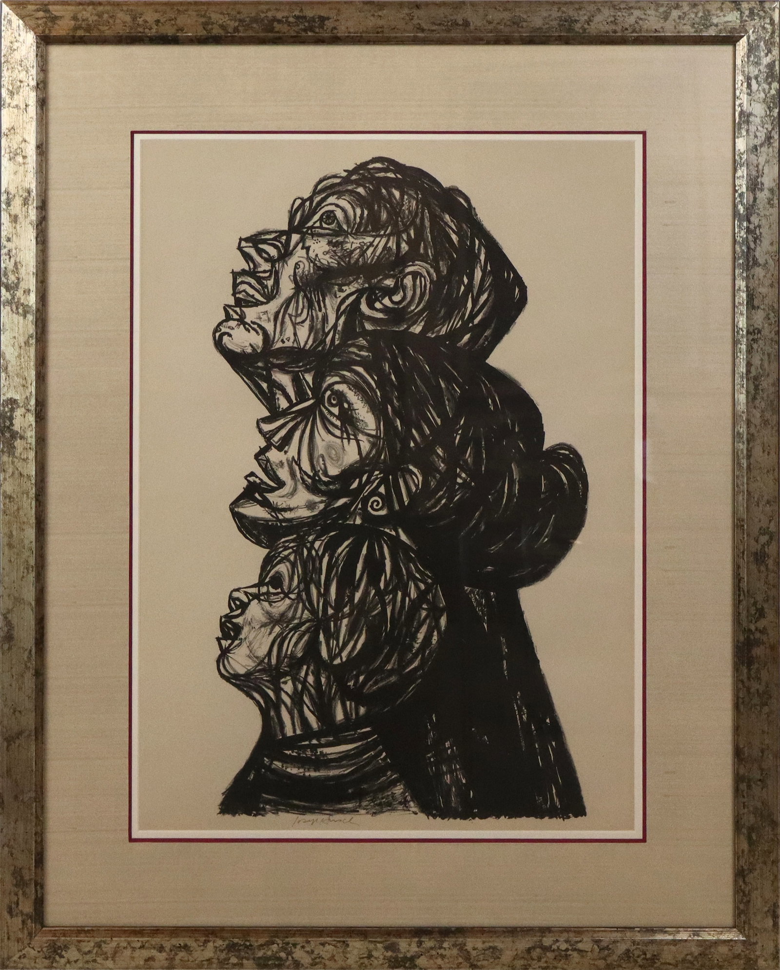 Joseph HIRSCH Lithograph, Three Faces: Joseph Hirsch (American, 1910-1981) lithograph, three linear faces, pencil signed lower middle, bearing Associated American Artists label to verso, matted and framed. [Sight: 24" H x 16.5" W; Frame: 3